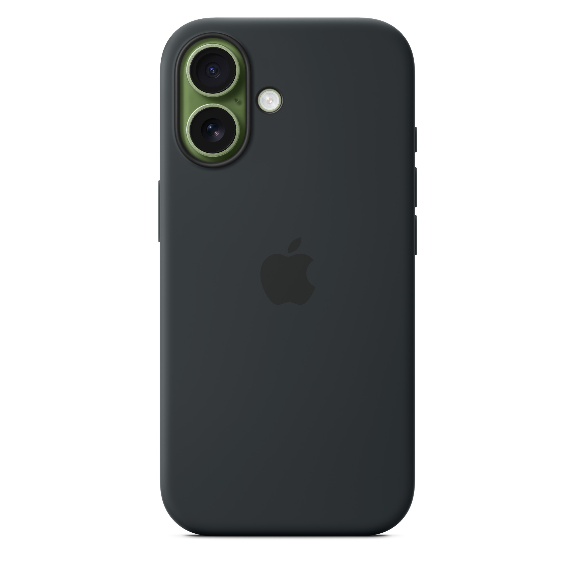 Egy sötétszürke telefontok Apple logóval. Zöld kameralencsék láthatók. A tok fehér háttéren van.