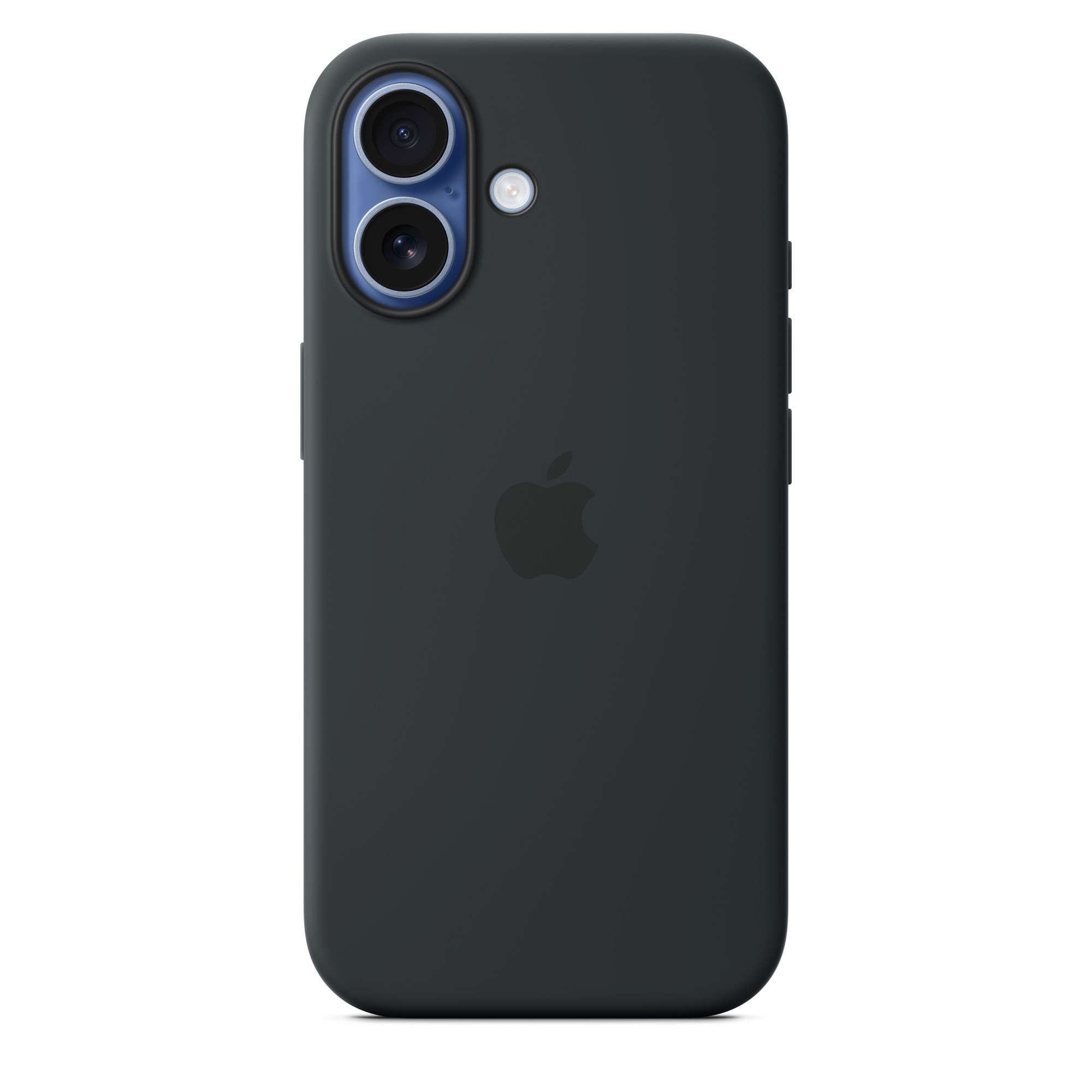 Egy sötétszürke telefontok Apple logóval. Kettős kamerával és vakuval rendelkezik. A háttér fehér.