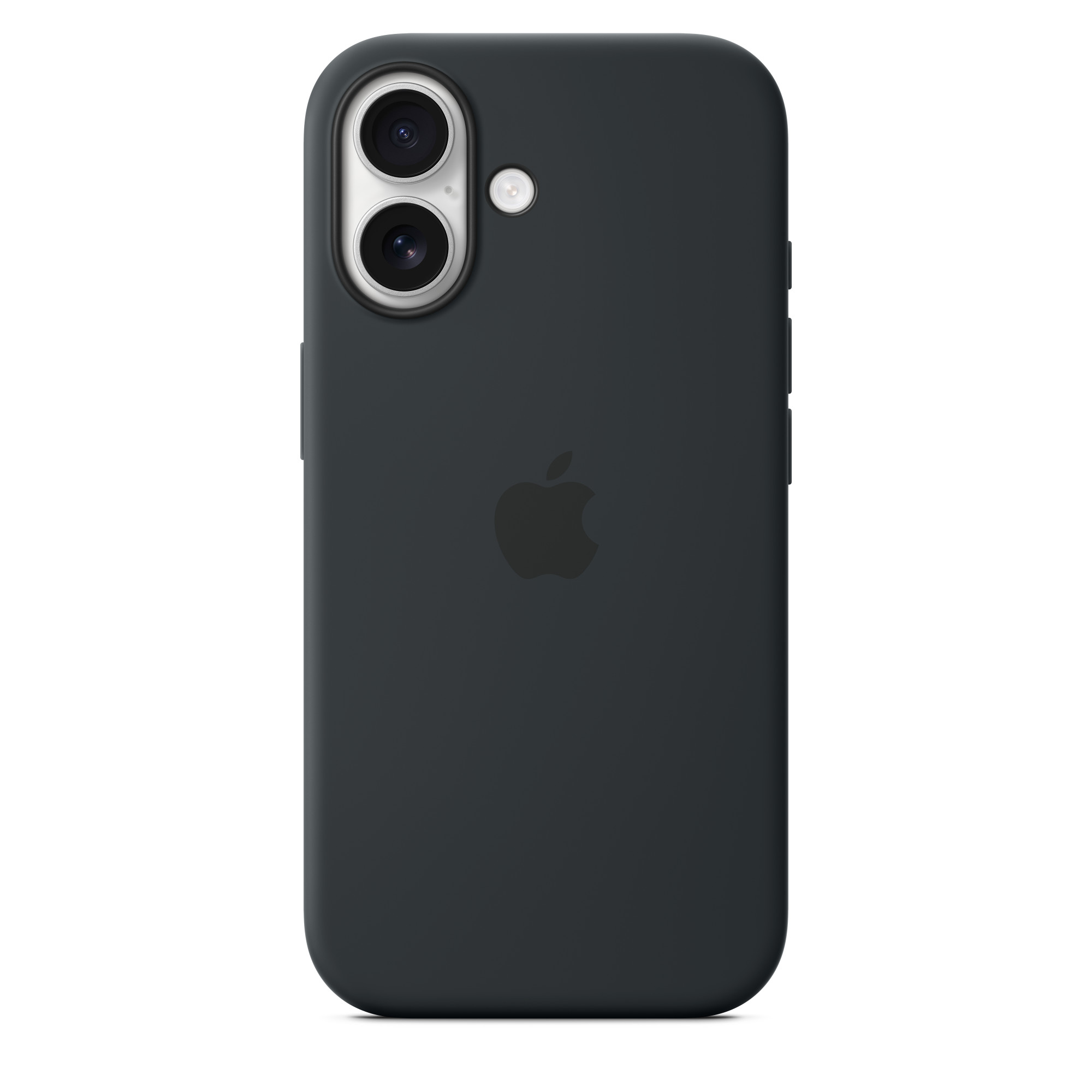 Egy sötétszürke iPhone tok. Kettős lencsés kamerája és Apple logója van.