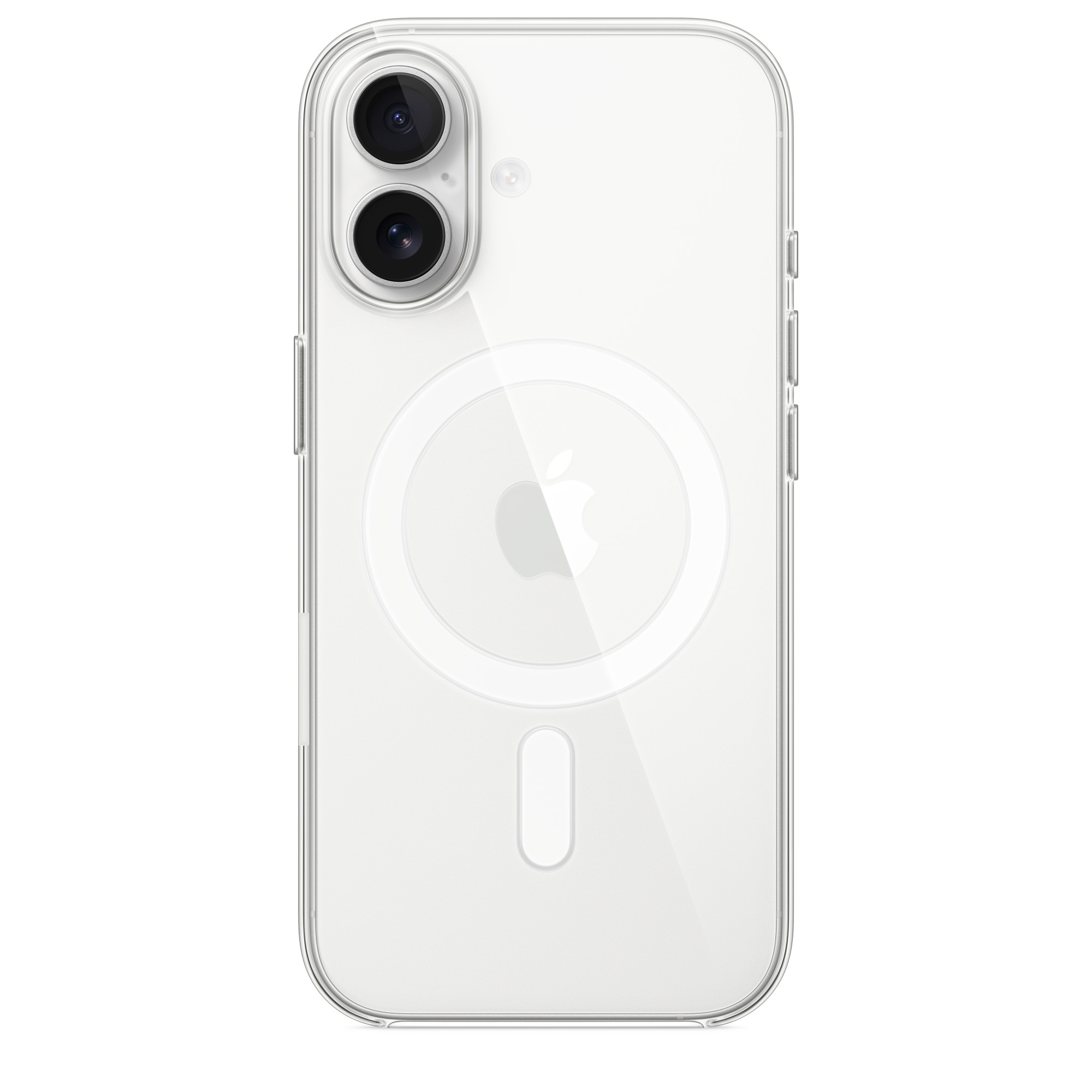 Egy átlátszó telefontok egy fehér iPhone-on. A tok kör alakú MagSafe-tel rendelkezik, és látható az Apple logó.