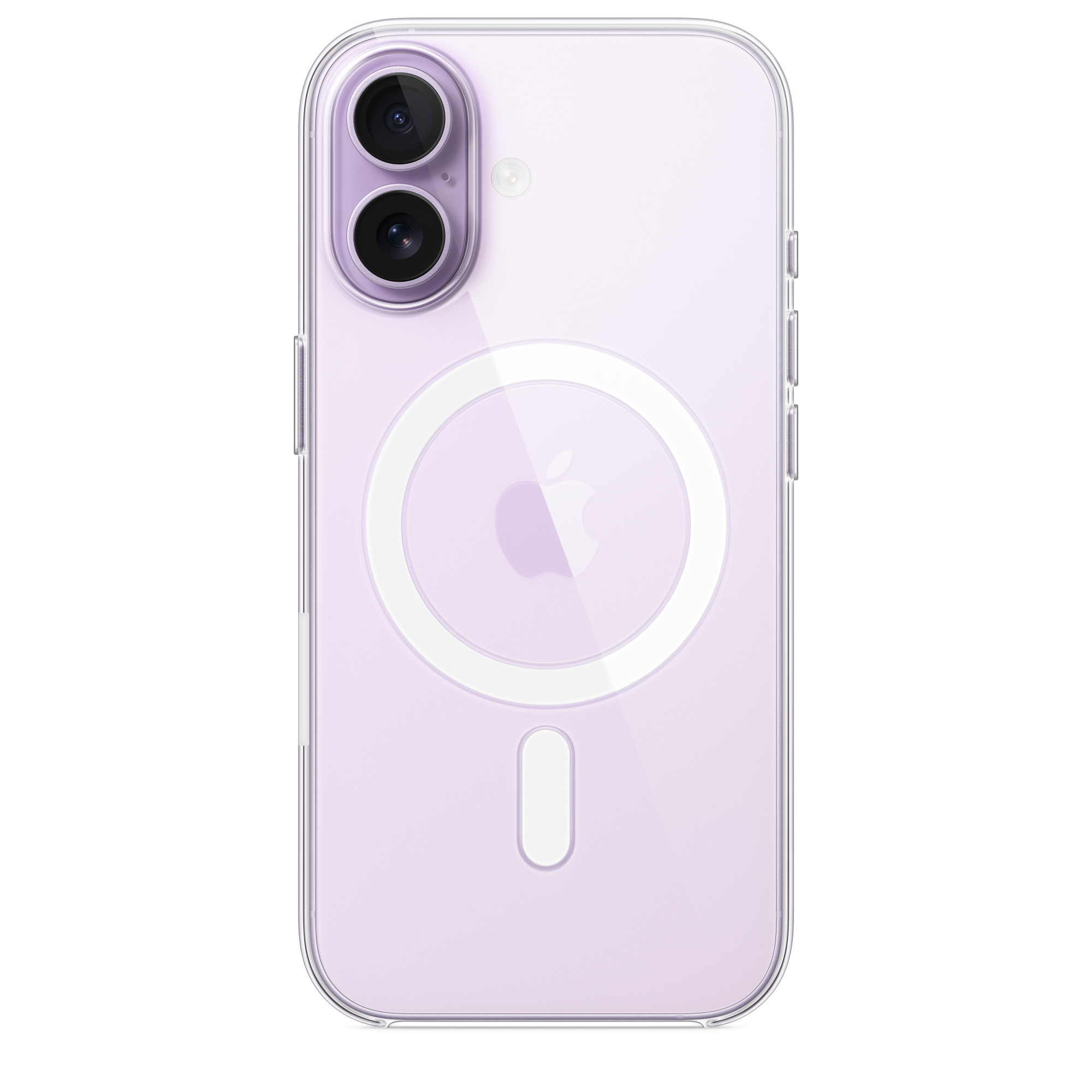 Átlátszó telefontok egy lila telefonon. Látható a kamera, az Apple logója és a töltőterület. A háttér fehér.