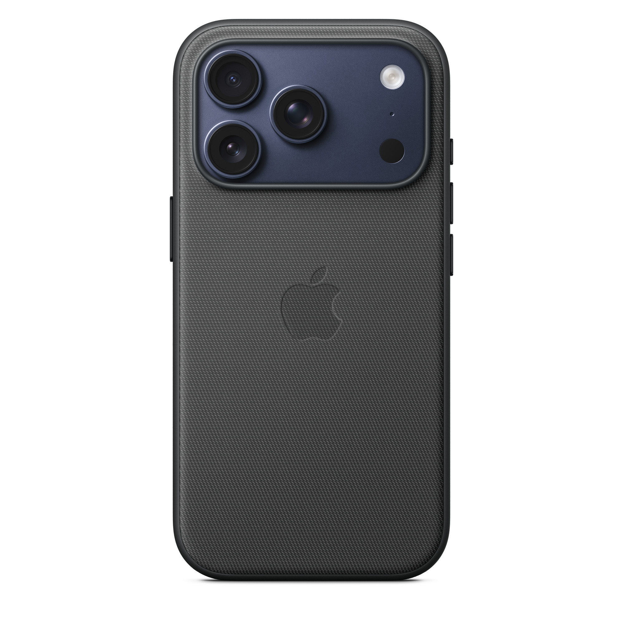 Egy sötétszürke iPhone közelképe, három kamerával és vakuval. Az Apple logója finoman látható.