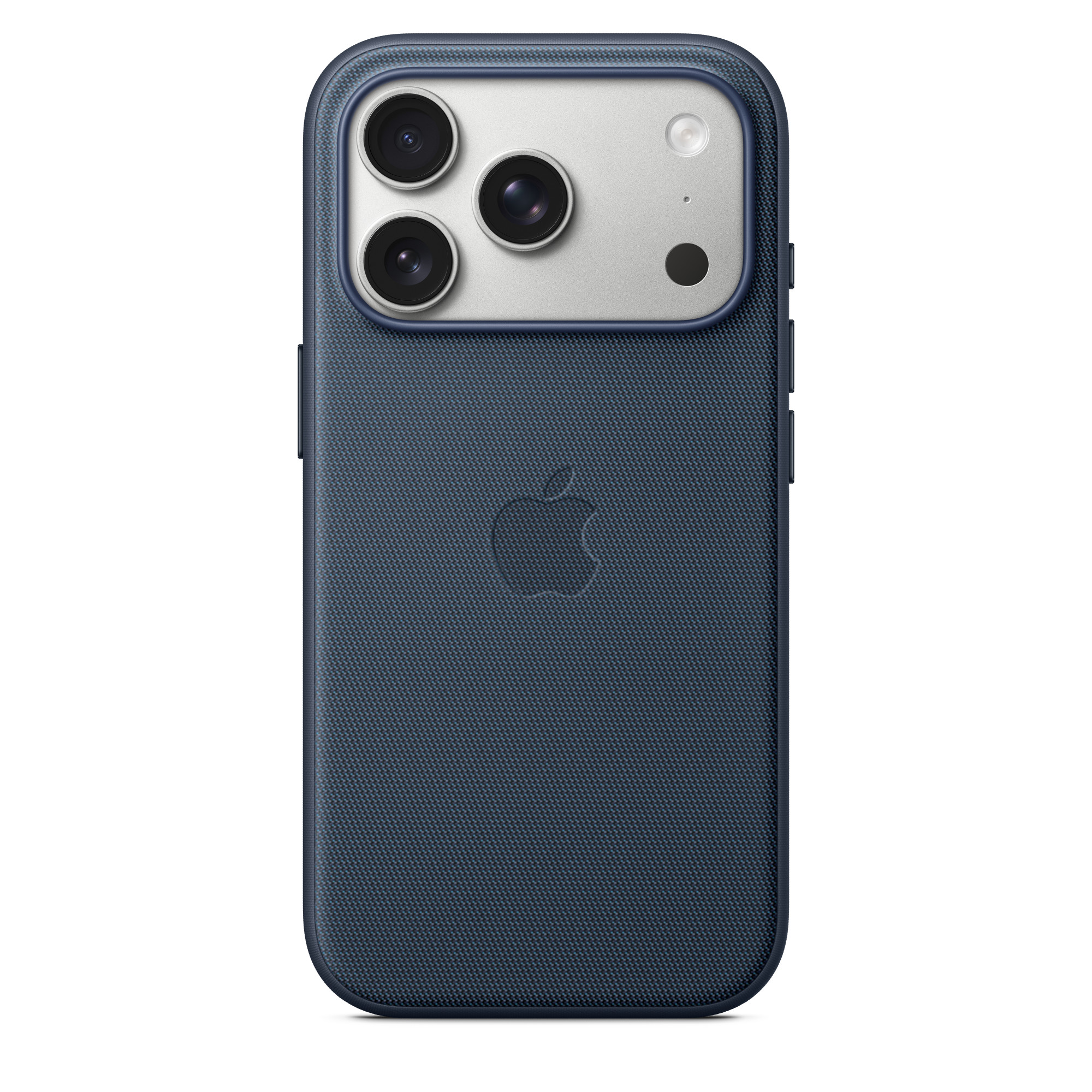 Sötétkék telefontok Apple logóval és kameradudorral. Ezüst és fekete lencsék. Textúrált felület.