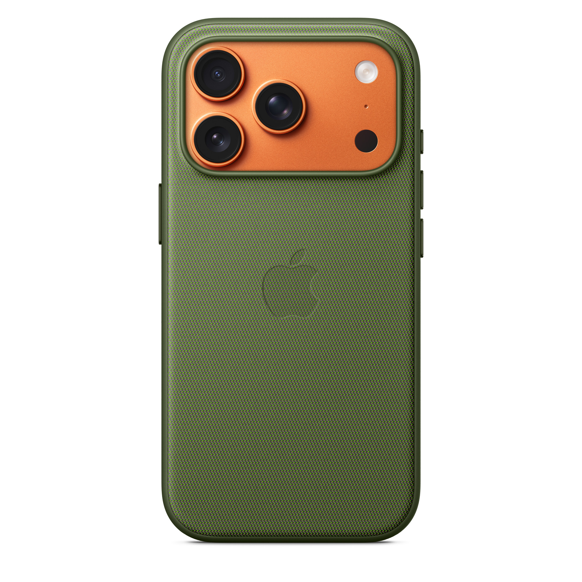 Zöld telefontok narancssárga kameramodullal. Apple logó a hátoldalon.