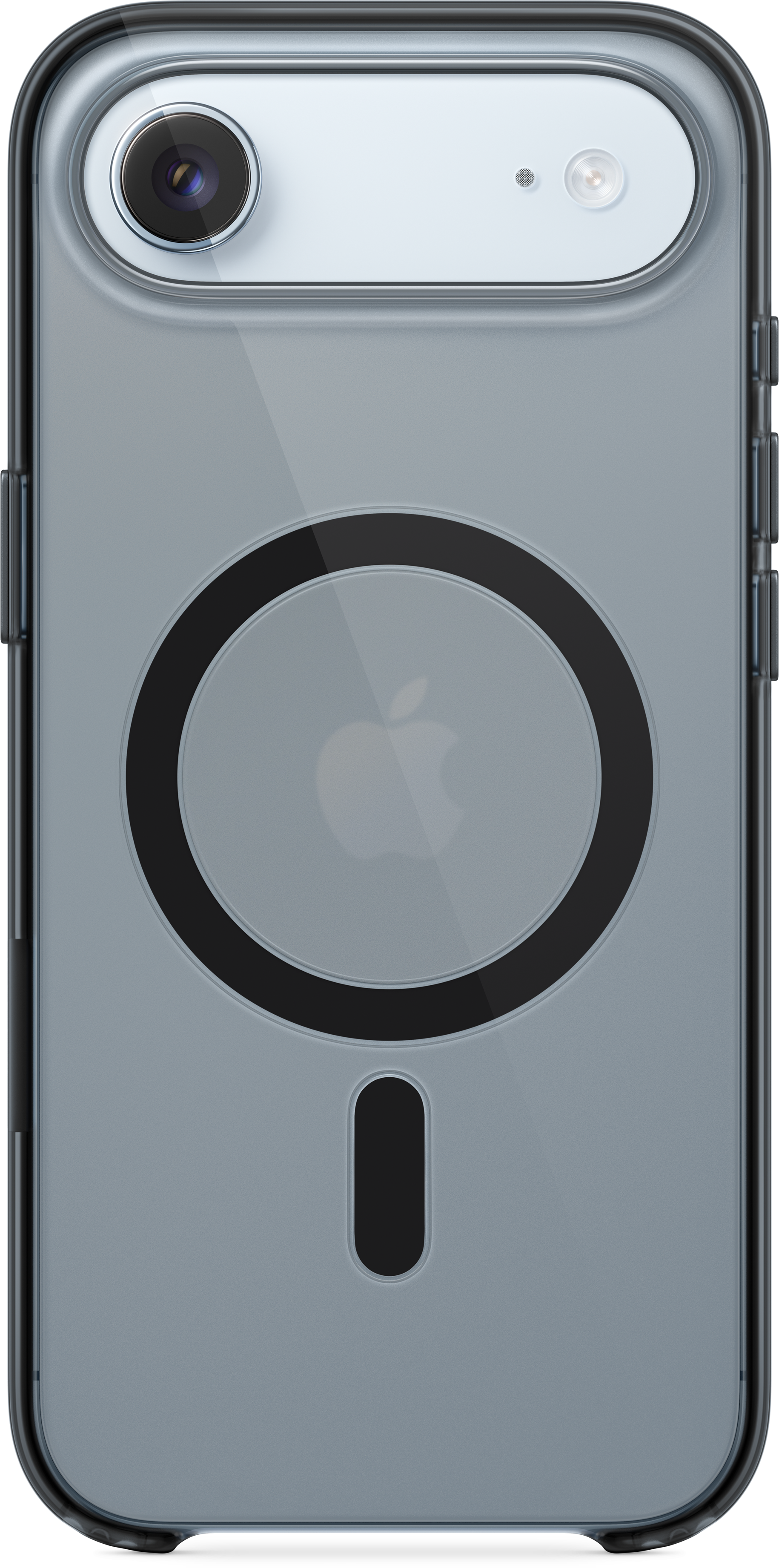 Transparente Handyhülle mit schwarzen Akzenten. Mit Kamera, MagSafe-Ring und Apple-Logo. Schwarzer vertikaler Ausschnitt unten.