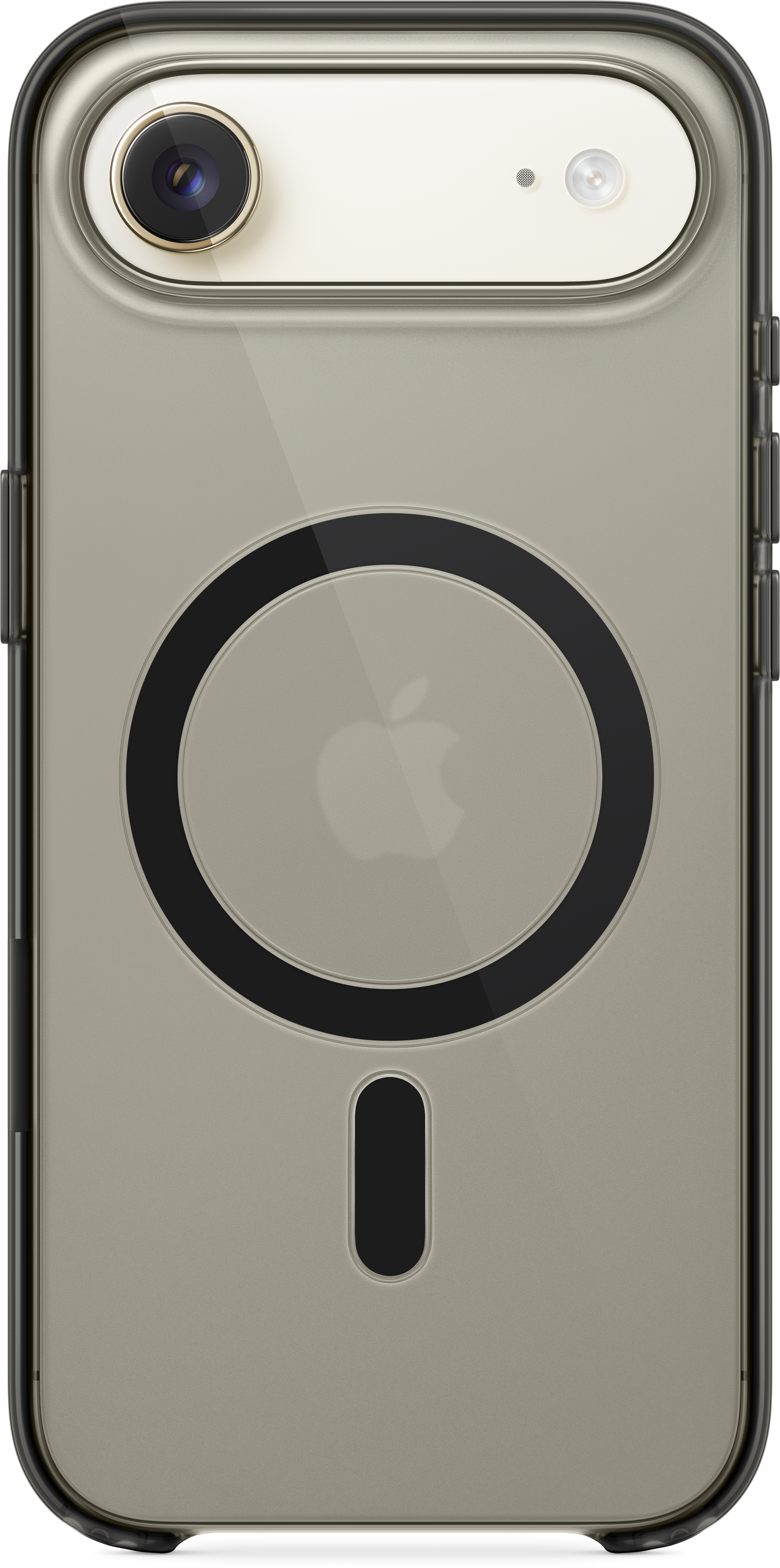 Eine Handyhülle mit durchsichtigem Rücken und schwarzen Rändern. Die Rückseite hat einen schwarzen Ring, ein Apple-Logo und ein schwarzes Rechteck.