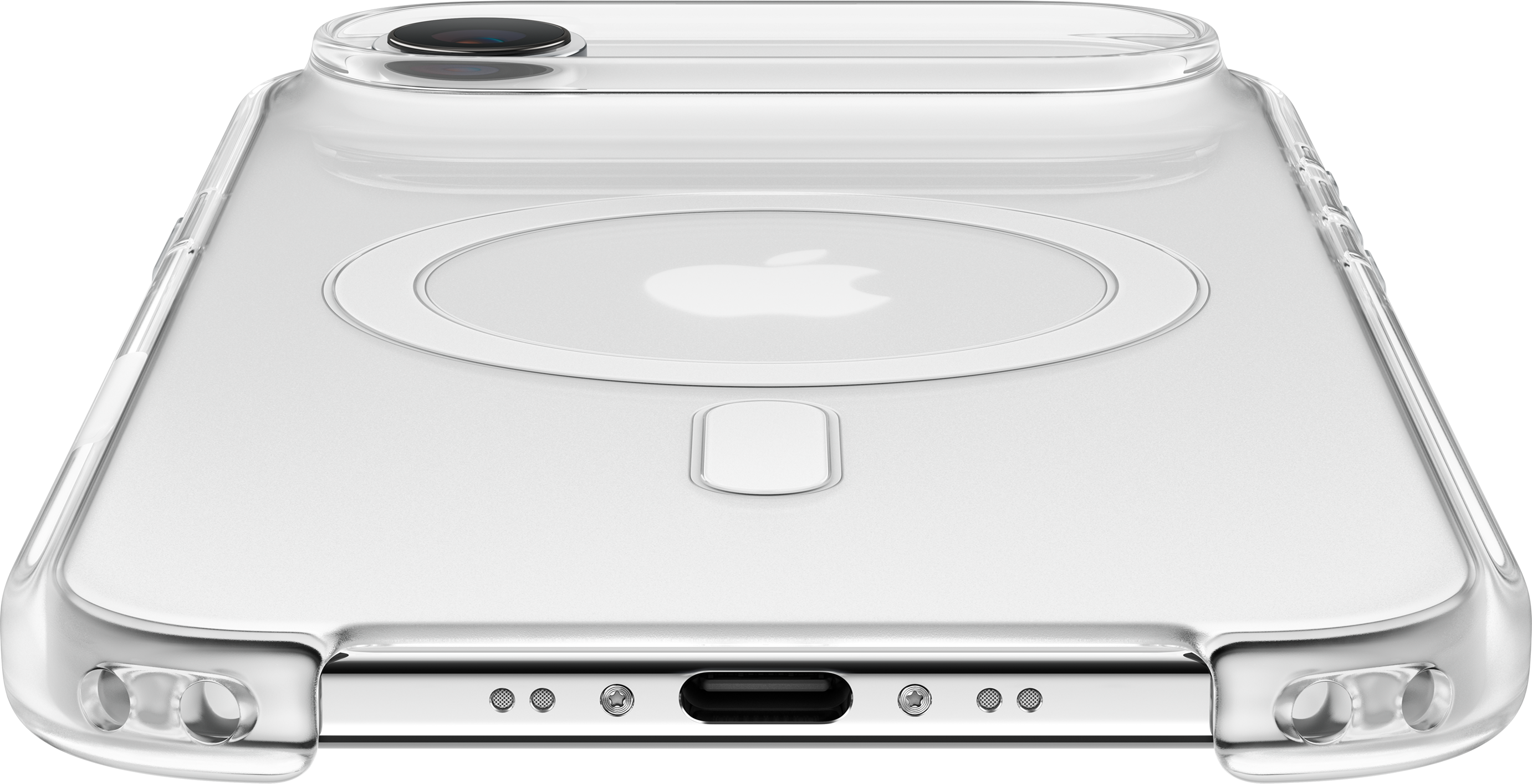Eine transparente Handyhülle mit Kameraausschnitt und Apple-Logo. Die Hülle hat Lautsprecher- und Ladeanschlüsse.