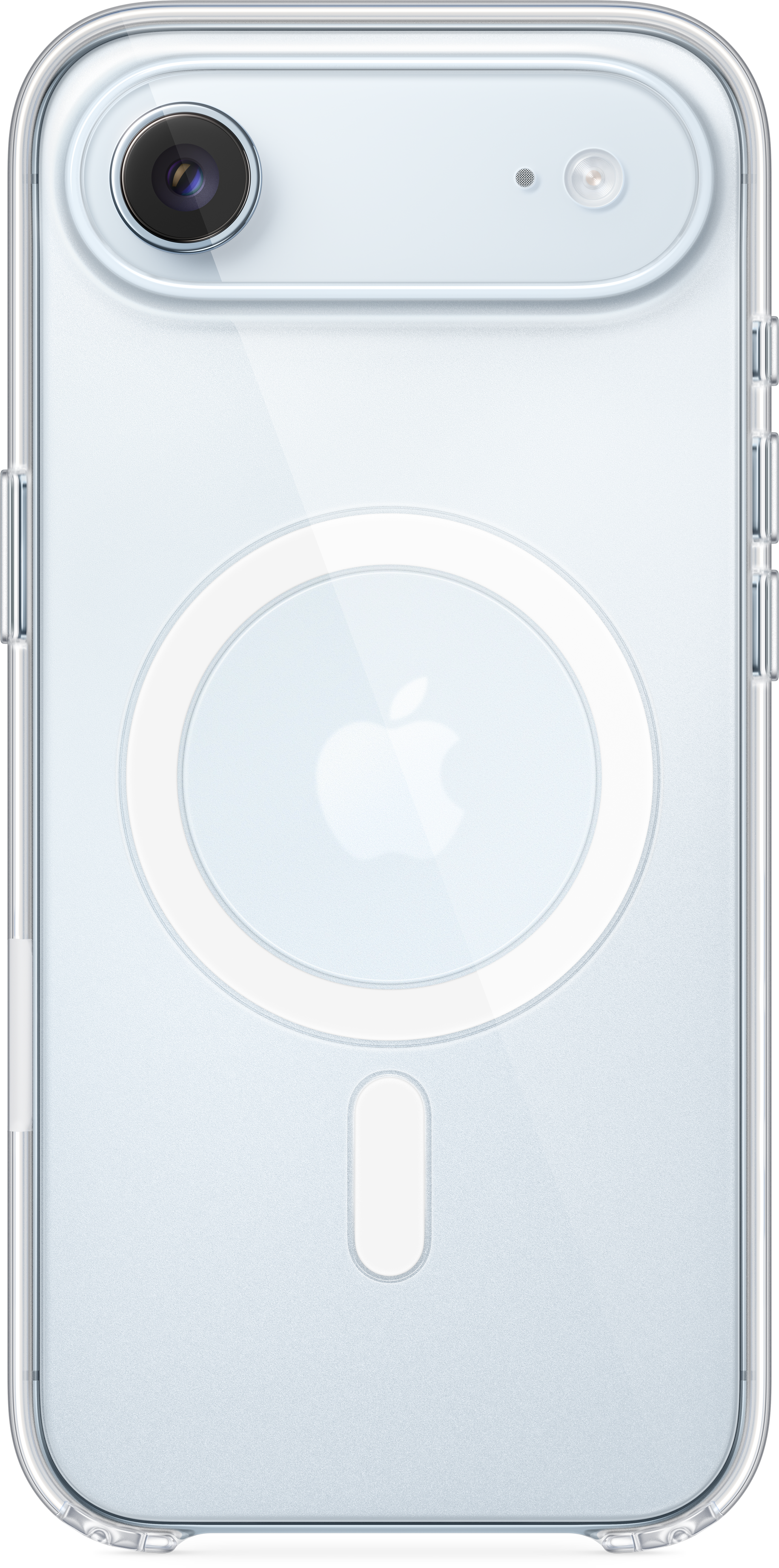 Une coque de téléphone transparente avec caméra, flash et logo Apple. La coque est transparente, avec un cercle MagSafe blanc.
