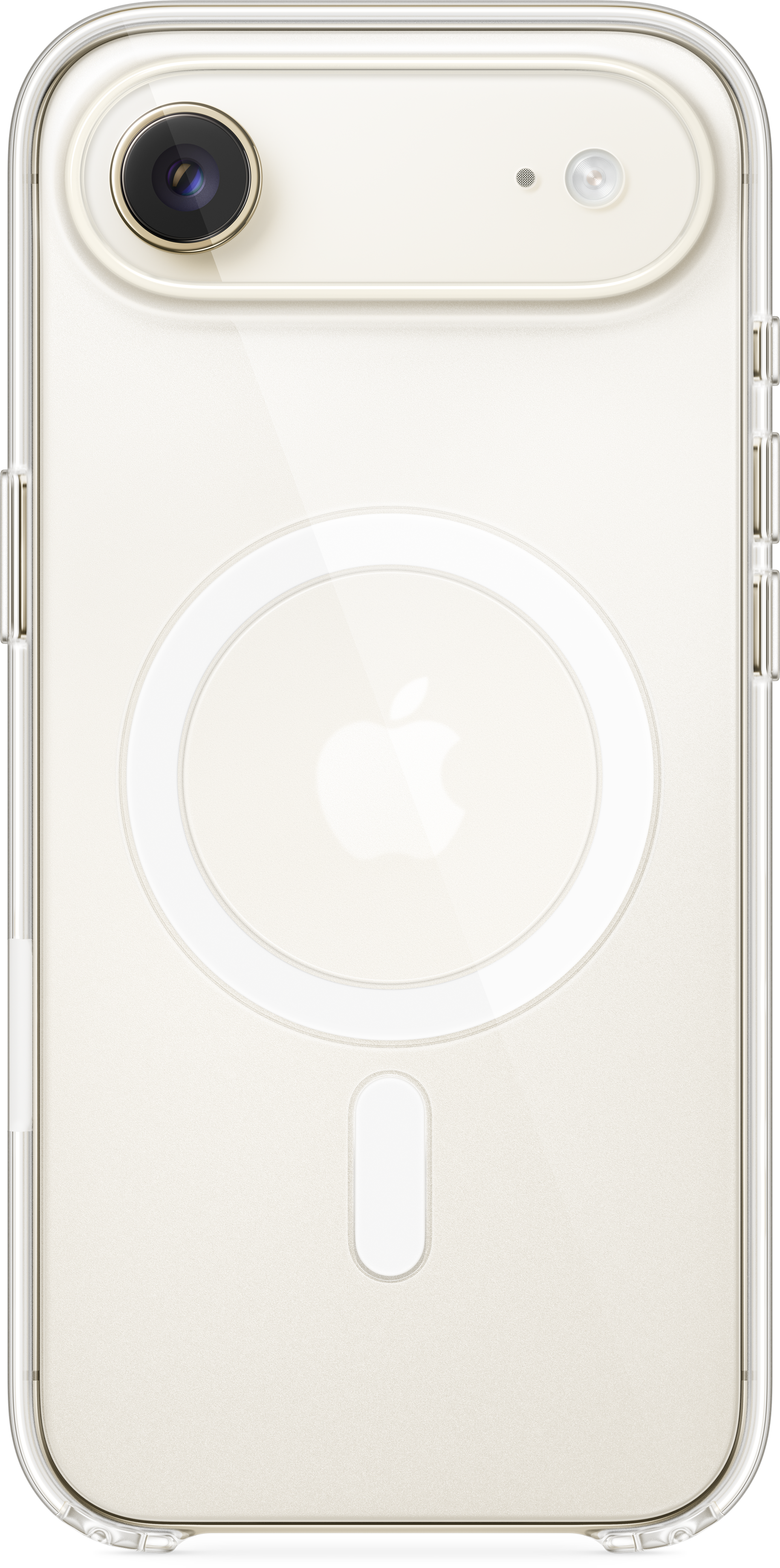 Dos d'un téléphone beige clair dans une coque transparente. Comprend une caméra, un flash, le logo Apple et un cercle MagSafe, avec coque.