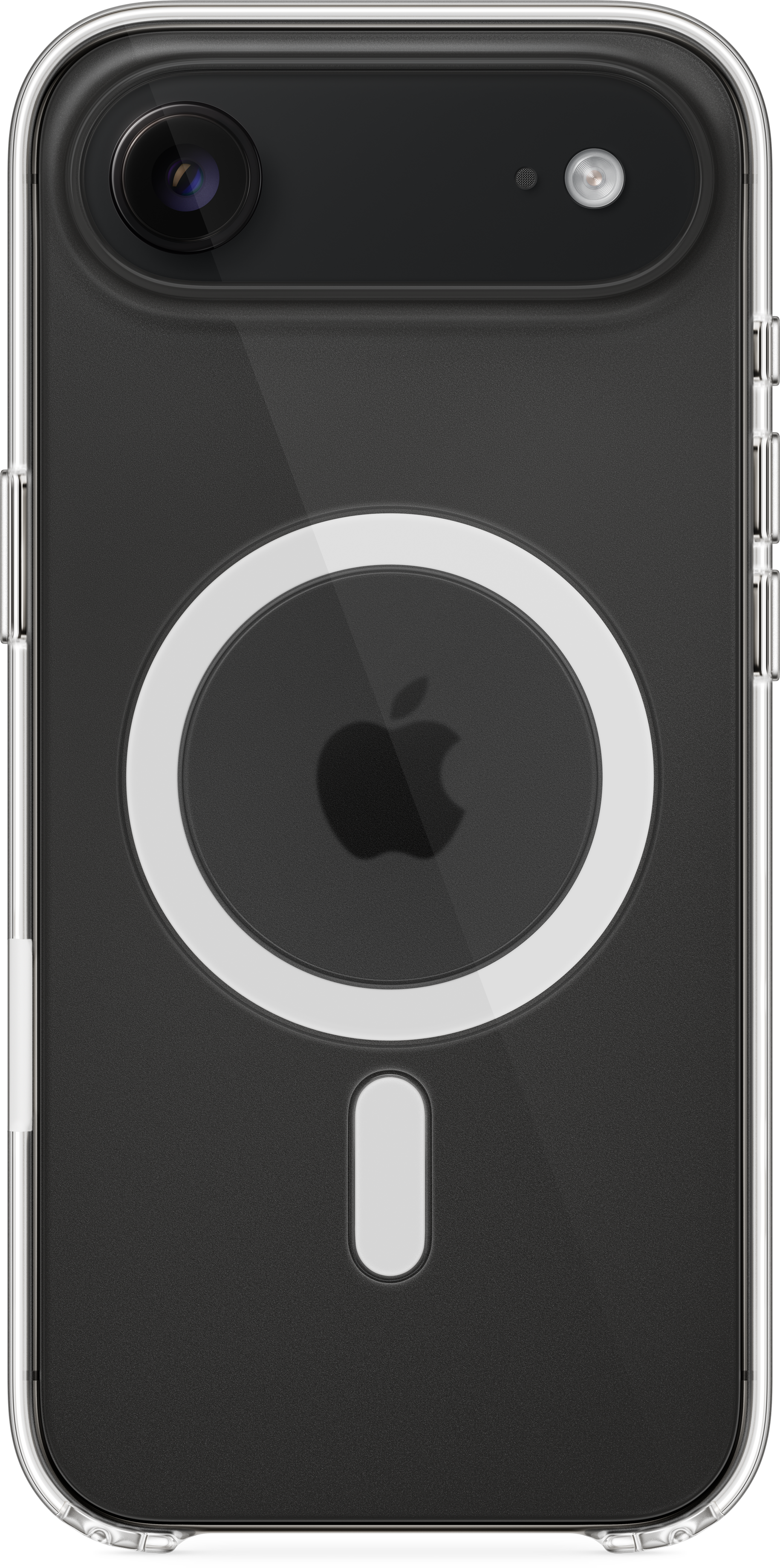 Une coque de téléphone transparente sur un téléphone noir. Comprend une caméra, un anneau blanc et un rectangle blanc en bas.