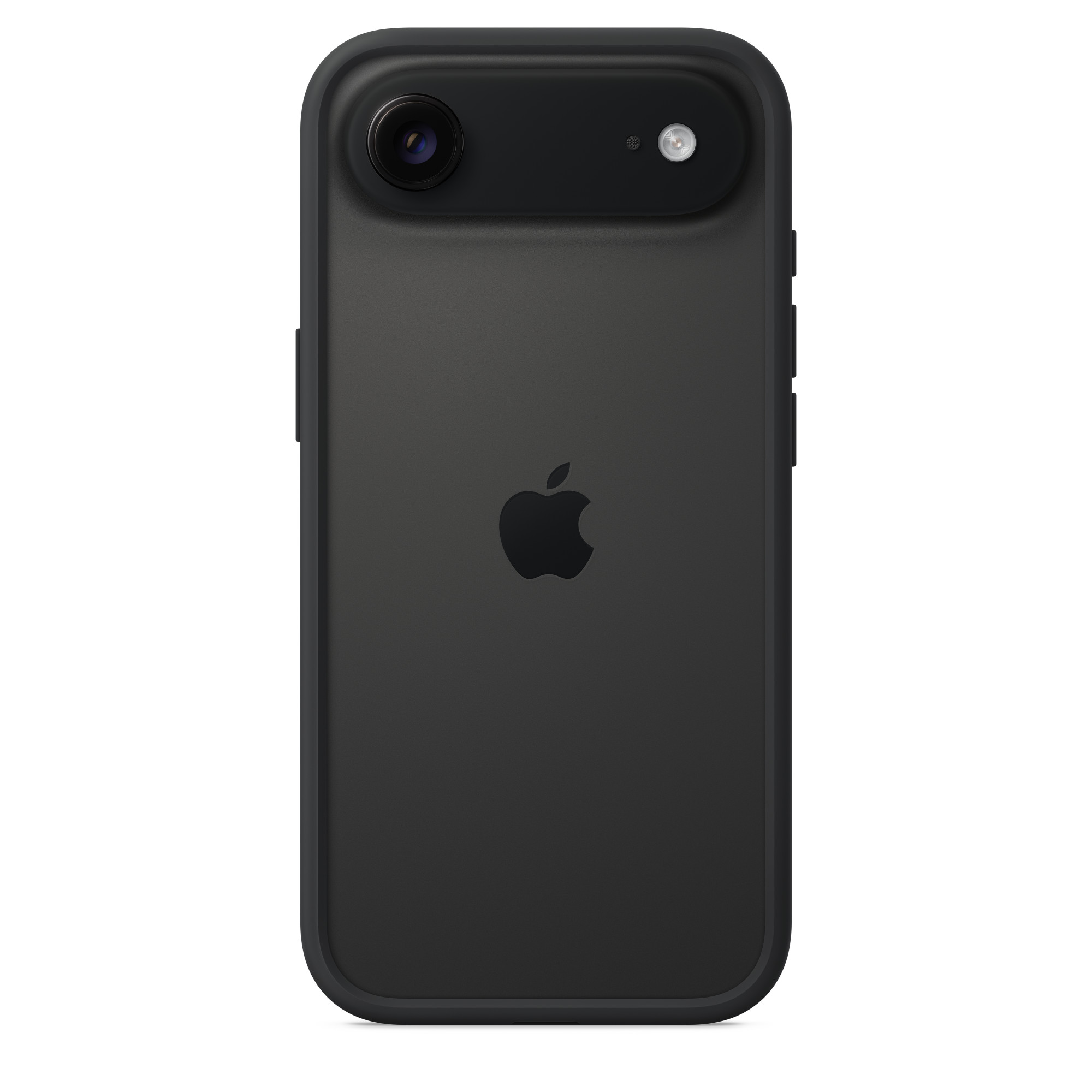 Fekete telefontok kameramodullal, Apple logóval. Fehér háttér.