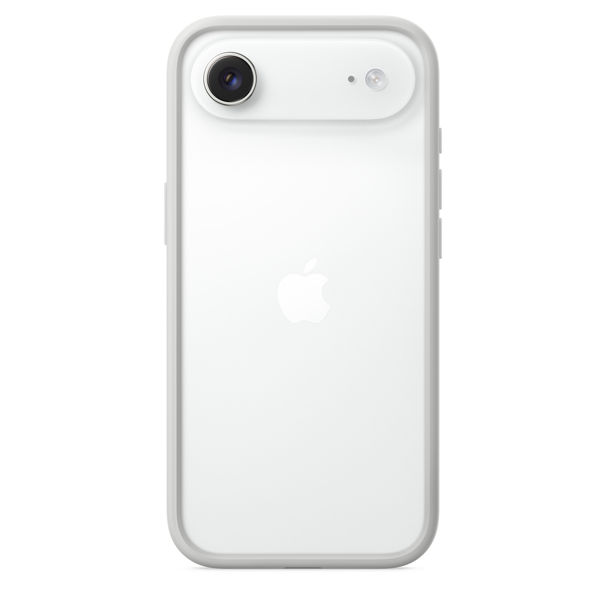 Fehér okostelefon hátlapja. Van egy kameramodulja és az Apple logója. A telefon fehér tokban van.