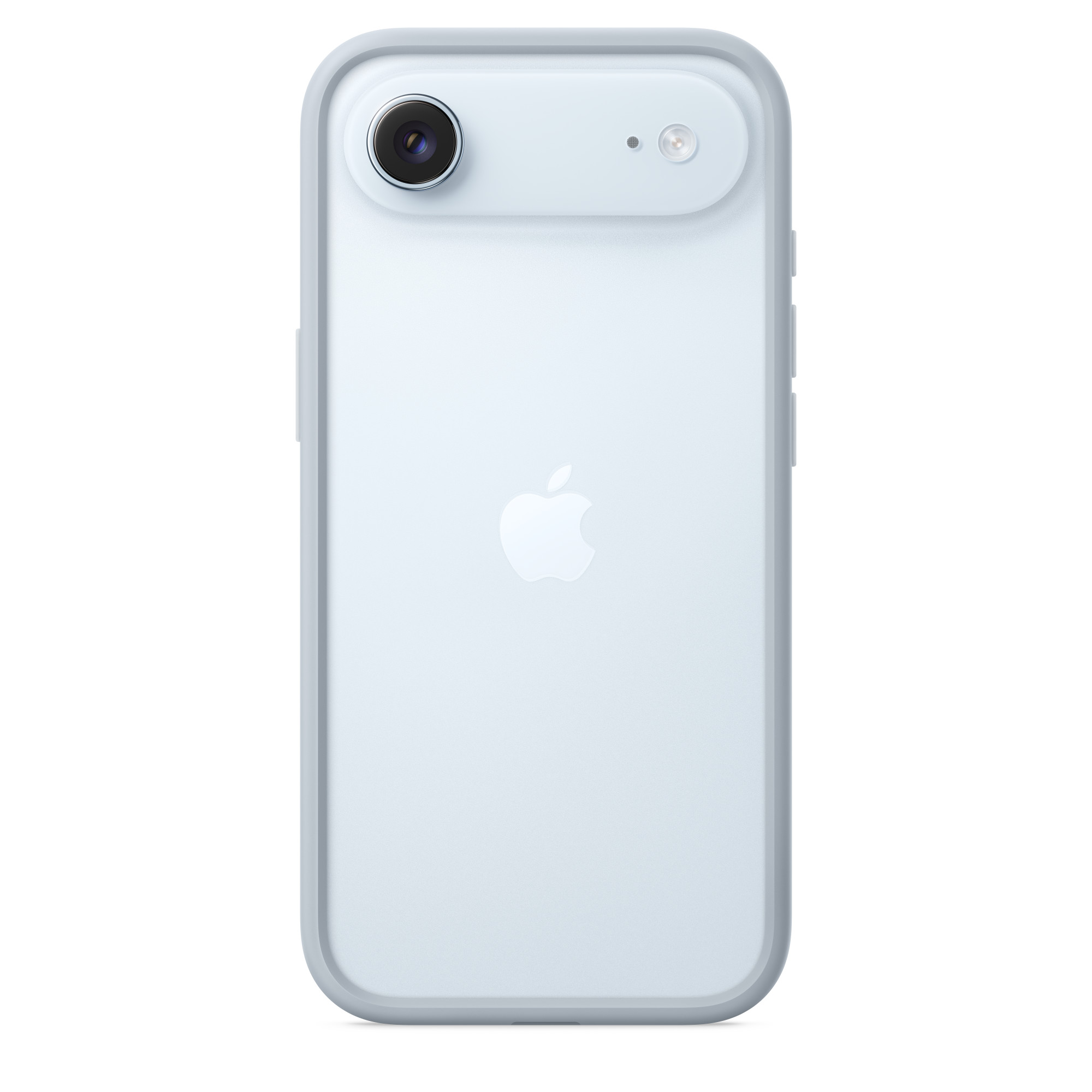 Világoskék iPhone hátlap. Felül kamera és vaku, középen Apple logó látható.