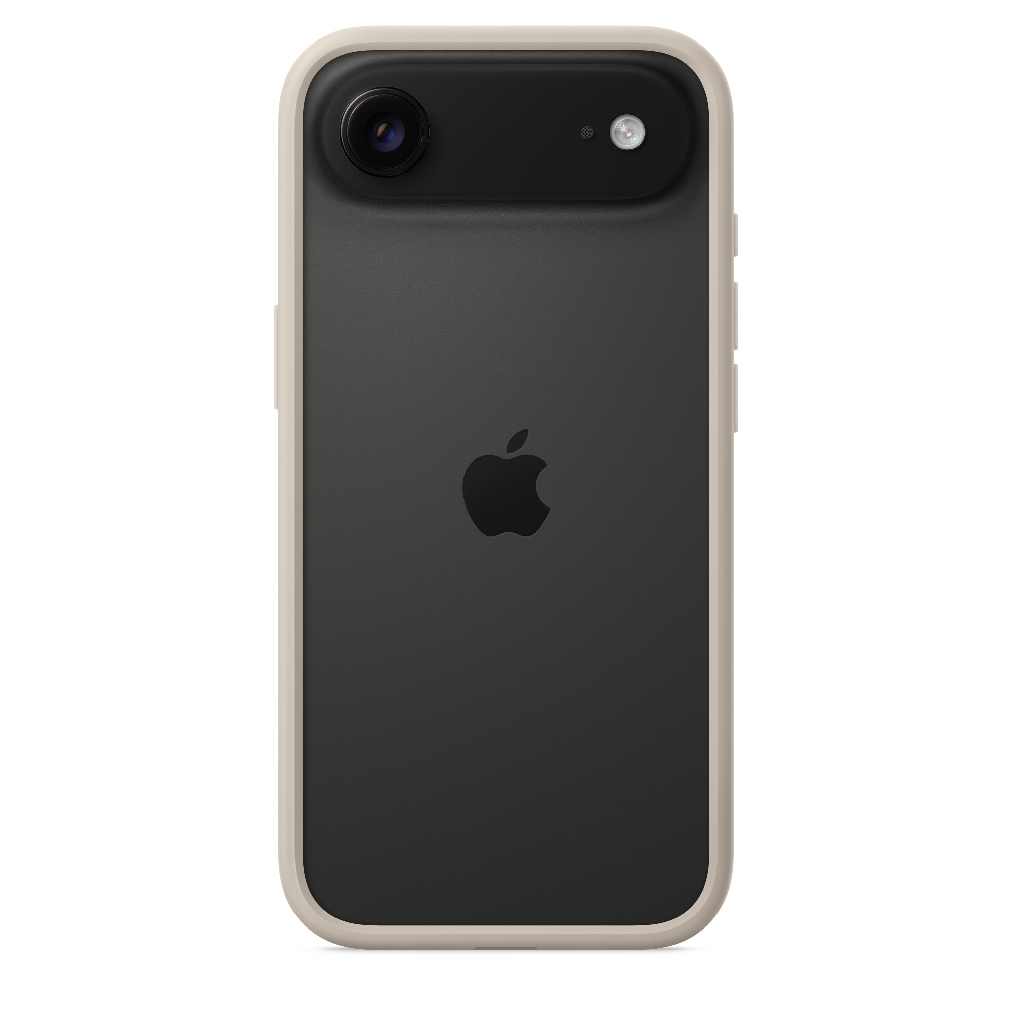 Egy okostelefon hátulja, kamera, vaku és Apple logóval. Sötétszürke, világos bézs kerettel.