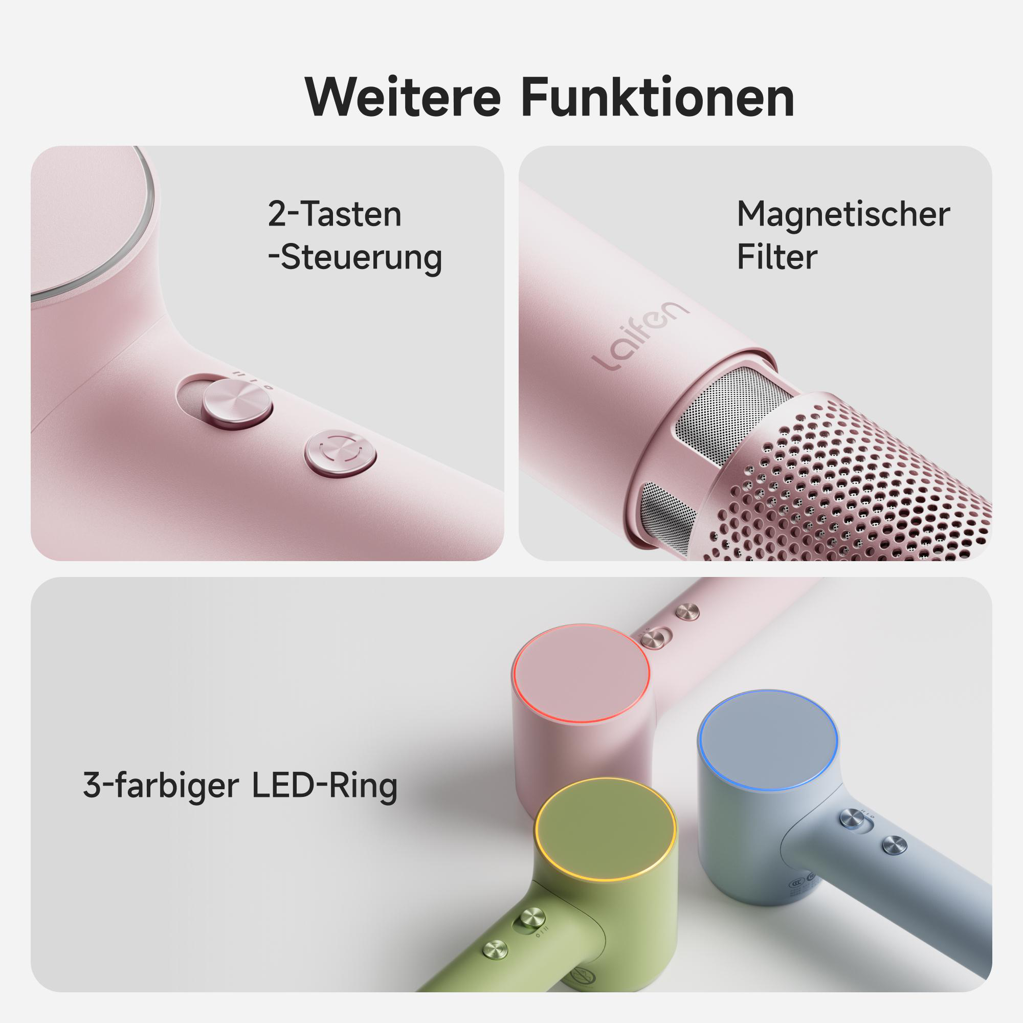 Das Bild zeigt Details eines Haartrockners. Nahaufnahmen von Knöpfen, Filter und LED-Ring mit verschiedenen Farben. Text auf Deutsch.