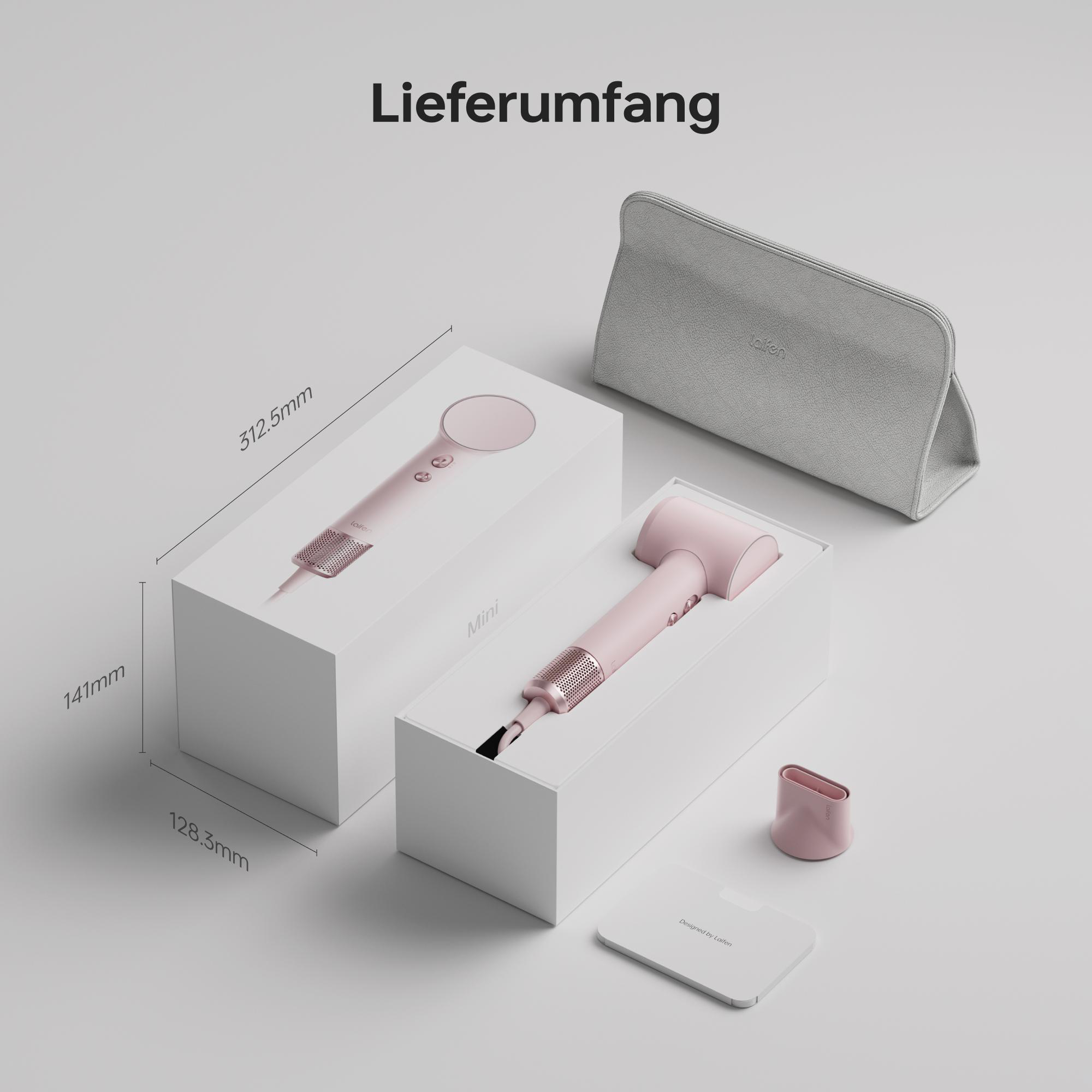 Rosa Haartrockner und Zubehör in weißen Boxen, Abmessungen angegeben. Graue Tasche rechts. Oben steht das Wort 'Lieferumfang'.