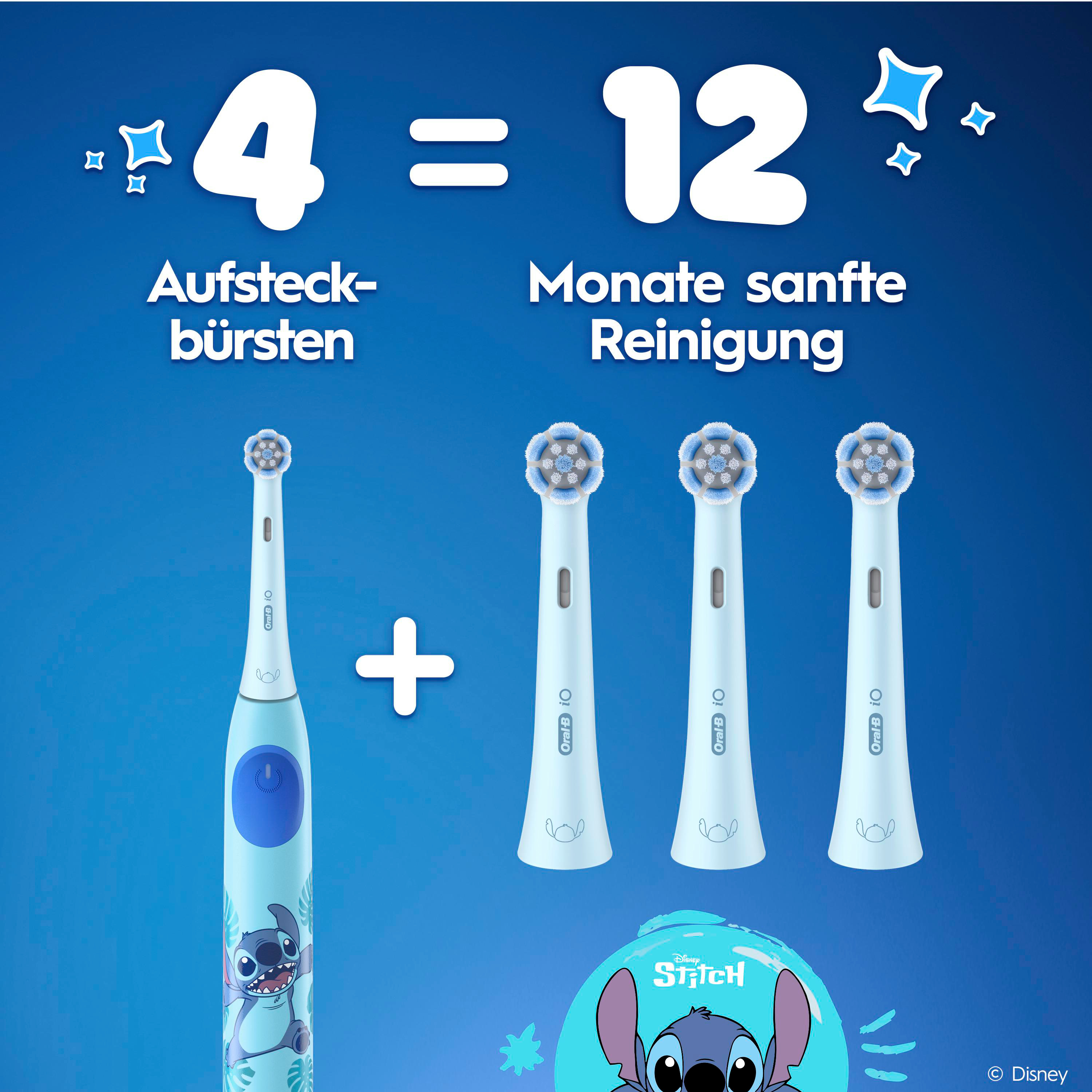 Das Bild zeigt eine Zahnbürste und Bürstenköpfe. Text: '4 = 12'. Ein Stitch-Charakter ist sichtbar.