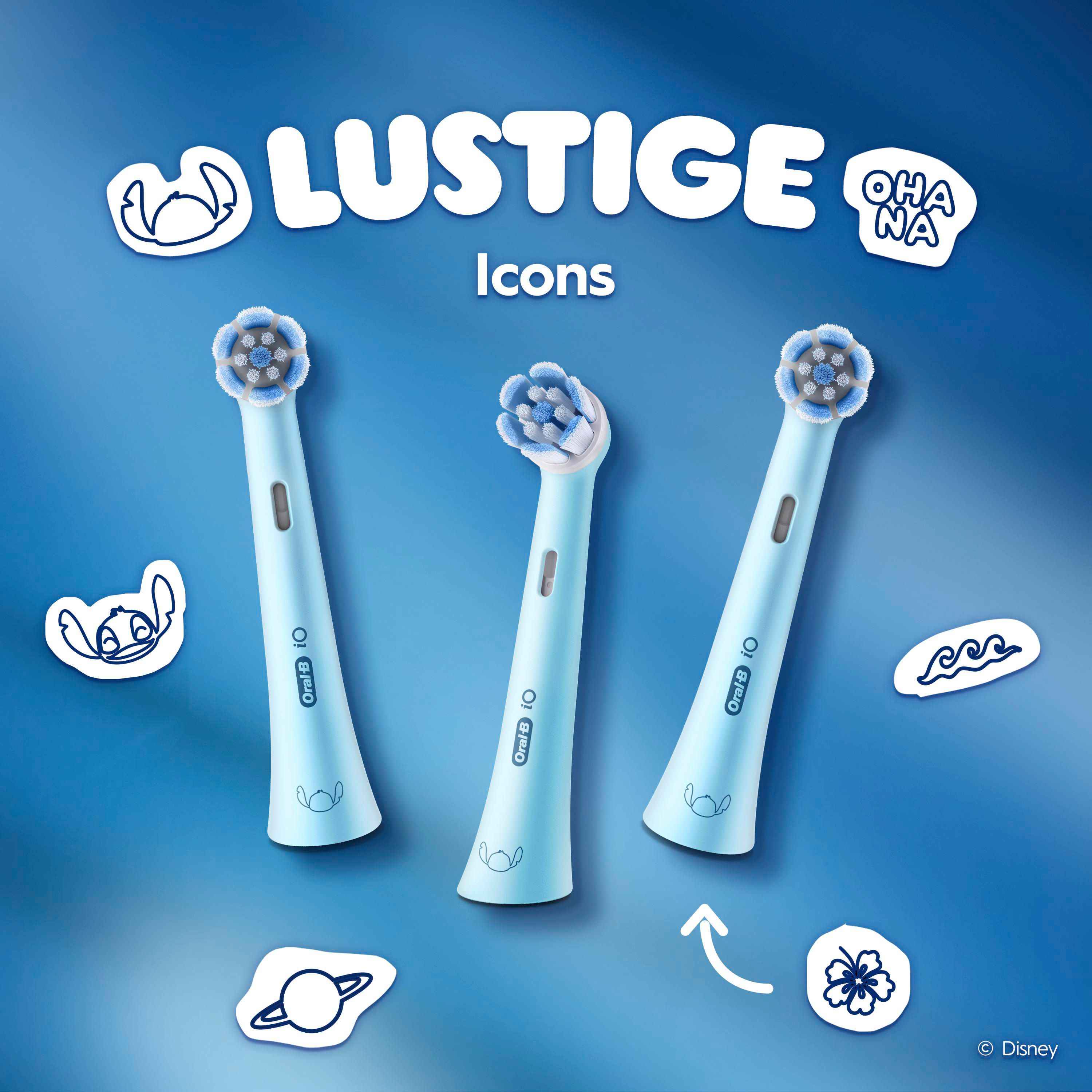 Drei Oral-B IO-Zahnbürstenköpfe auf blauem Hintergrund mit Disney Stitch-Symbolen.