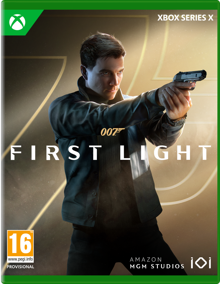 Okładka gry First Light. Mężczyzna celuje z broni. Logo Xbox Series X w rogu. Logo 007.