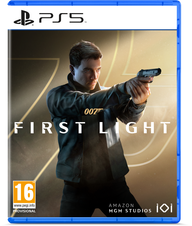 Okładka gry PS5: Mężczyzna z pistoletem, tytuł "First Light", logo "007". Złote tło, kategoria wiekowa 16.