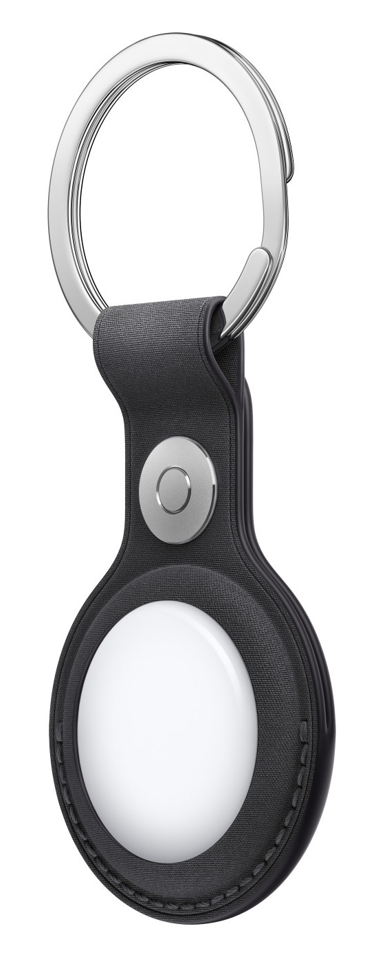 Czarny uchwyt na AirTag ze srebrnym kółkiem na klucze i białym AirTagiem. Uchwyt ma przycisk.