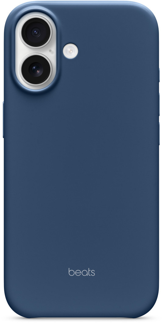 Granatowe etui na telefon z logo Beats. Ma dwie soczewki aparatu, lampę błyskową i zaokrąglone rogi.