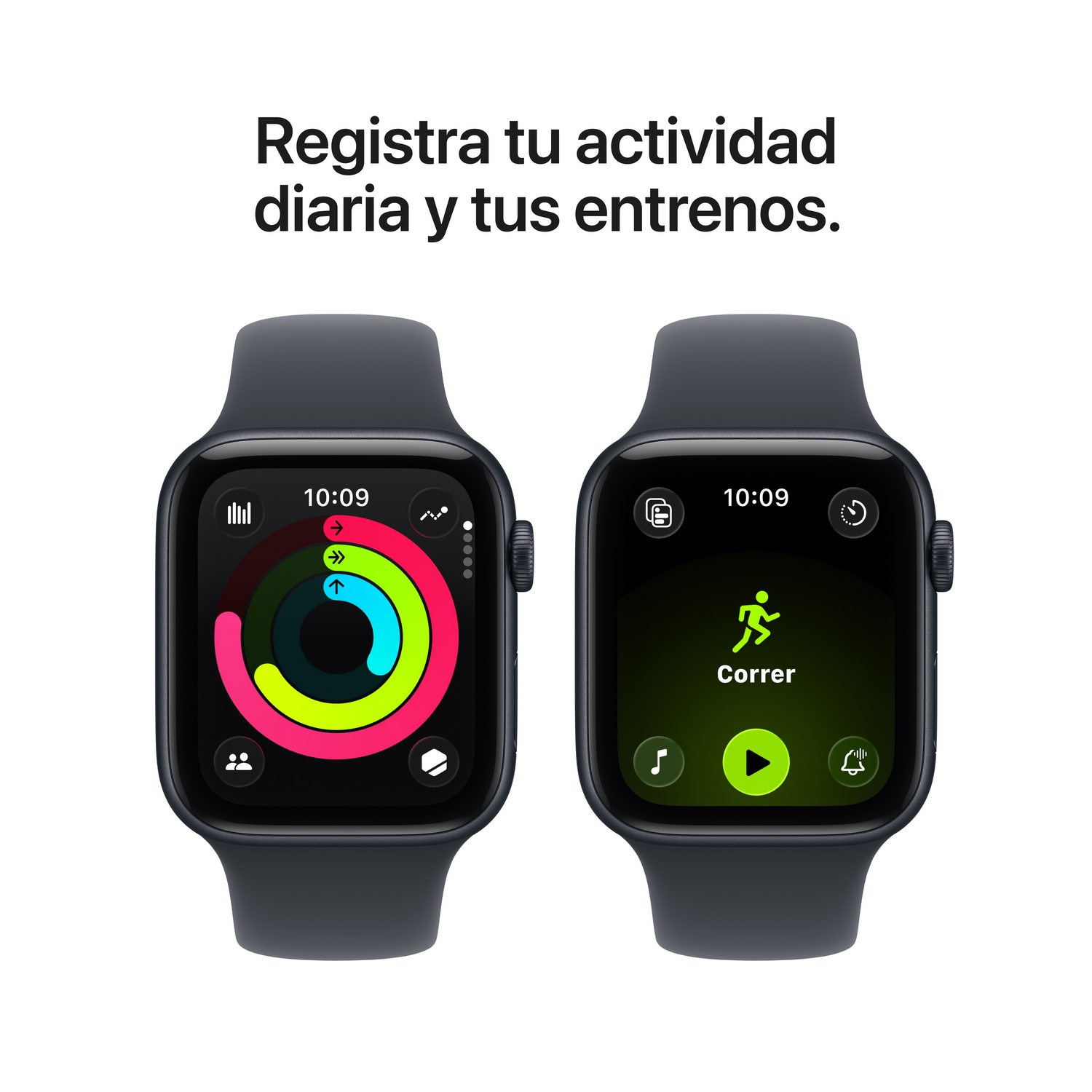 Dos smartwatches mostrando datos de fitness. Uno muestra anillos de actividad, el otro una interfaz de aplicación para correr. Ambos tienen correas oscuras y pantallas negras.