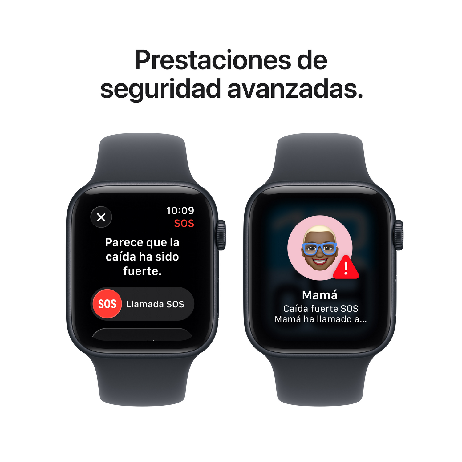 Dos Apple Watches muestran alertas de detección de caídas. Uno muestra una opción de llamada, el otro muestra una alerta de contacto con un símbolo de advertencia.