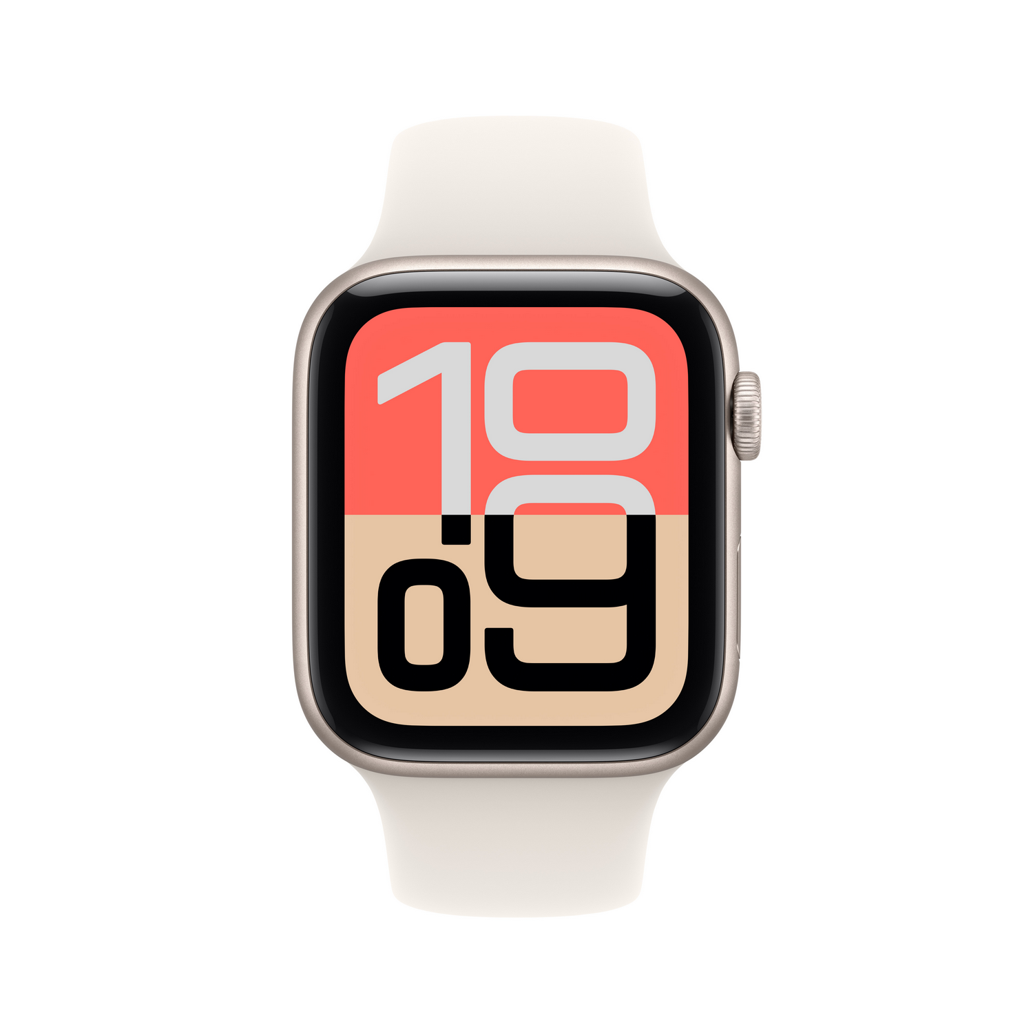 Un Apple Watch plateado con correa crema. La pantalla muestra las 10:09, con fondo coral y beige.
