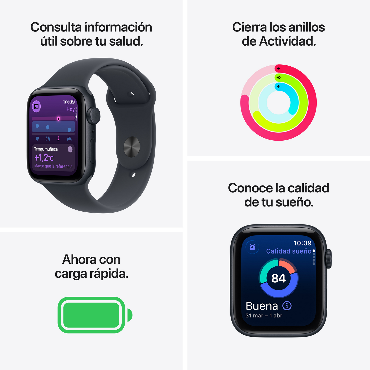 Un Apple Watch muestra datos de salud y anillos de actividad. Un icono de batería indica carga rápida. Una pantalla de calidad de sueño muestra una puntuación de 84.