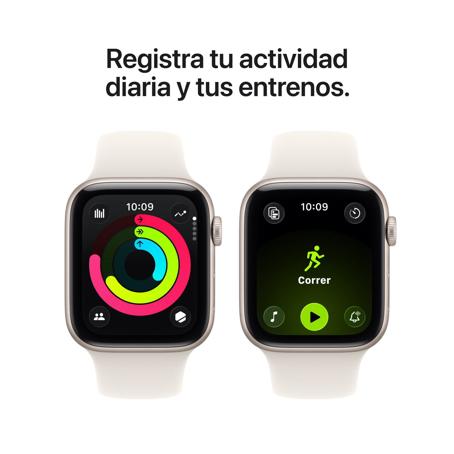 Dos Apple Watches que muestran aplicaciones de actividad y entrenamiento. Muestra anillos de actividad e interfaz de carrera, correas blancas.