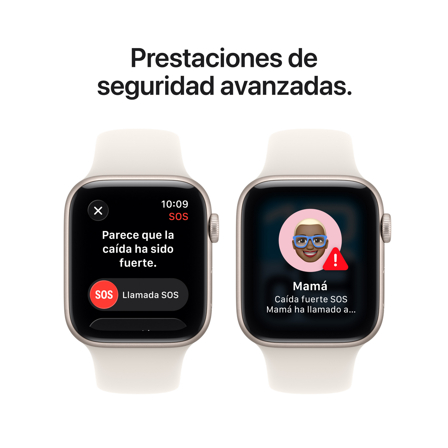 Dos smartwatches muestran alertas SOS. Uno muestra una llamada de ayuda, el otro una alerta de caída de 'Mamá'. El texto dice 'Prestaciones de seguridad avanzadas'.