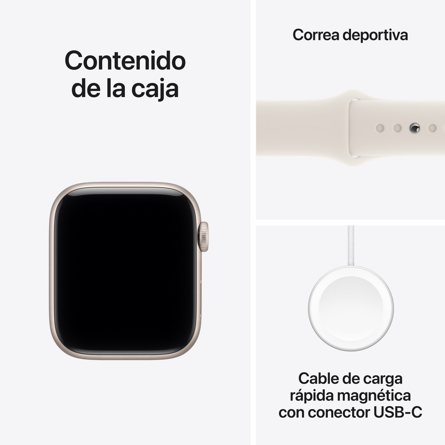 La imagen muestra un Apple Watch, una correa deportiva y un cable de carga magnético. Texto: 'Contenido de la caja', 'Correa deportiva' y 'Cable de carga magnética'.