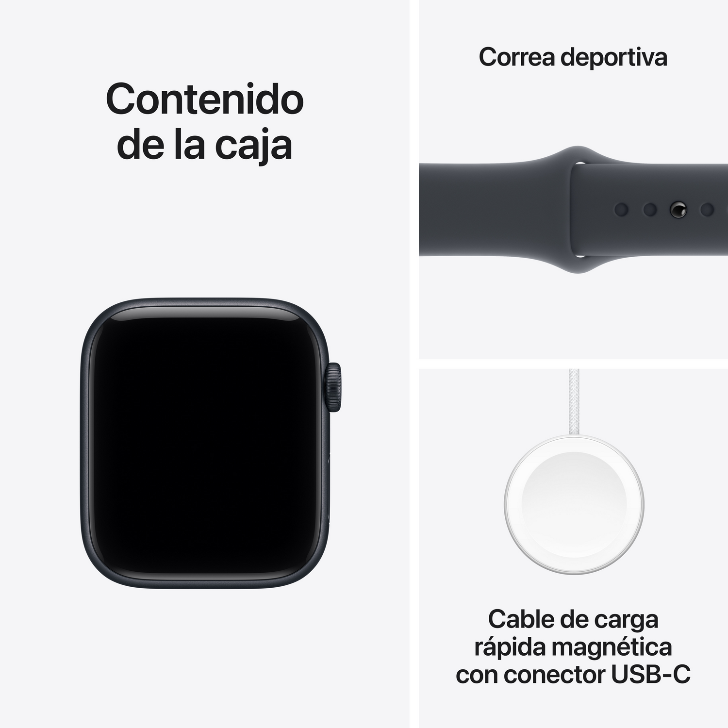 La imagen muestra el contenido de una caja, con un reloj inteligente, correa deportiva y cable de carga magnético con conector USB-C.