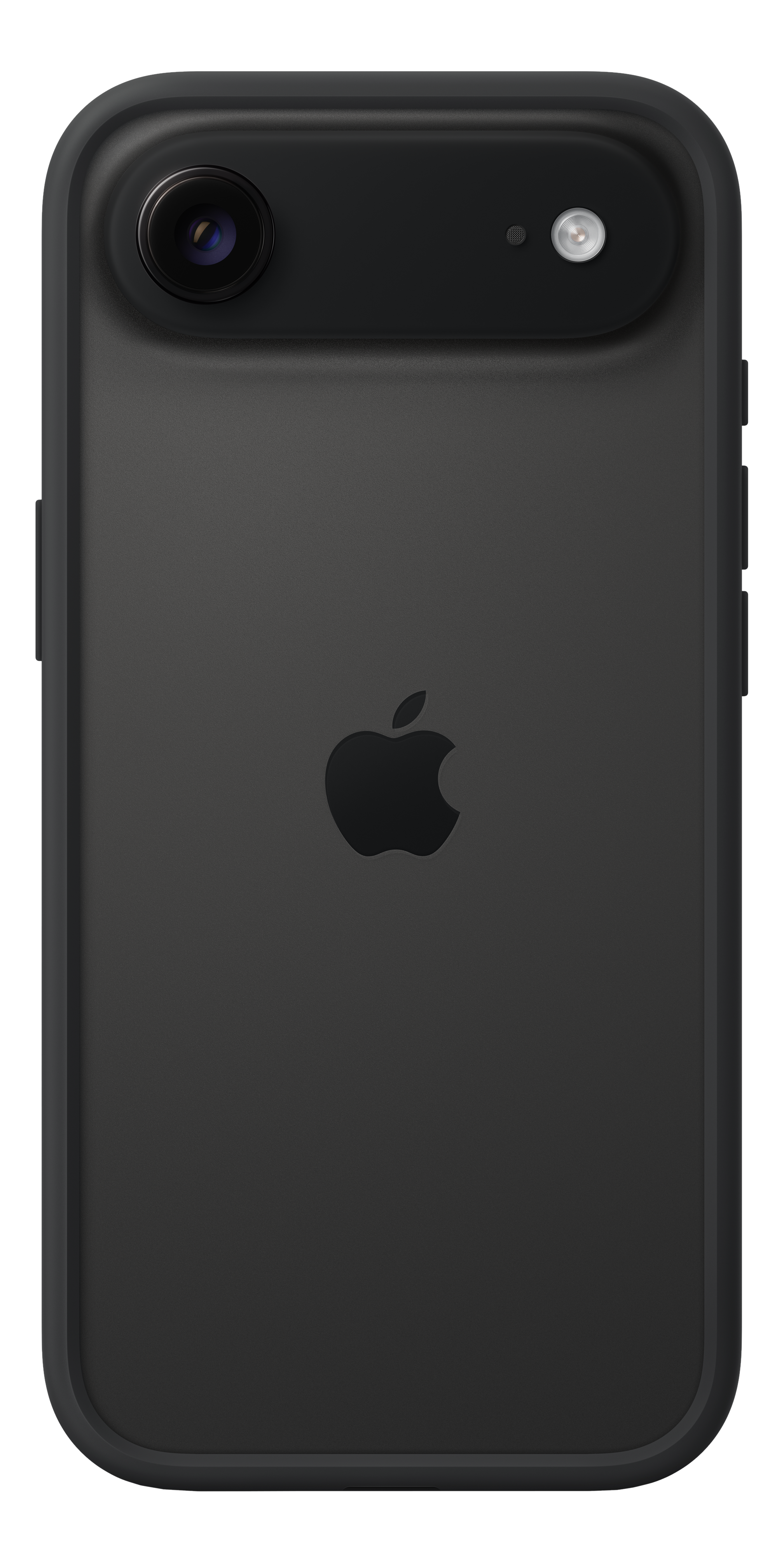 Schwarzes iPhone mit Apple-Logo auf der Rückseite. Das Telefon hat eine Kamera und einen Blitz. Der Hintergrund ist schwarz.