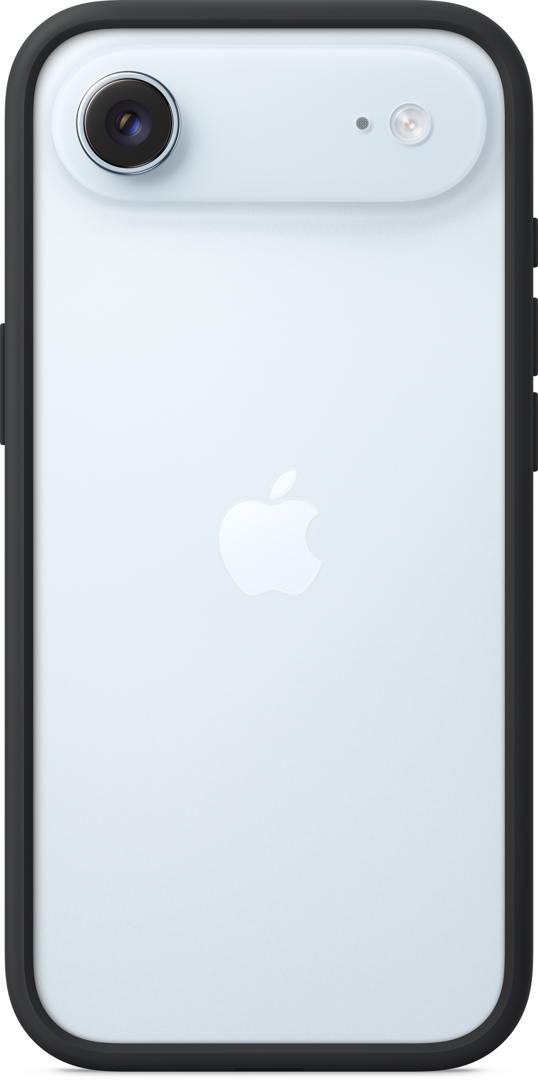 Ein hellblaues Smartphone mit schwarzem Rahmen. Es hat eine Kamera und ein Apple-Logo auf der Rückseite.