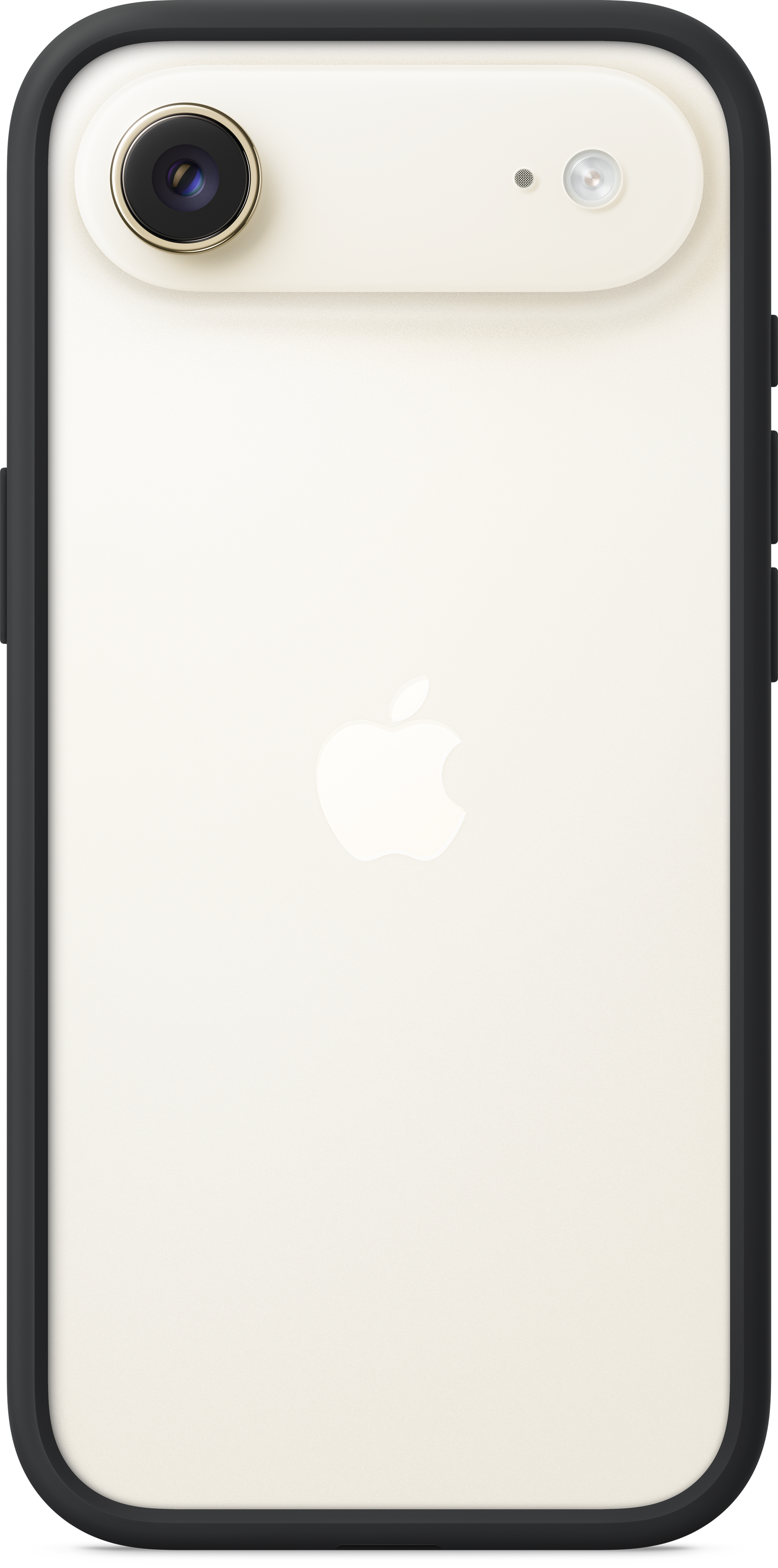Die Rückseite eines weißen iPhones mit schwarzem Rand. Es hat eine Kamera, einen Blitz und das Apple-Logo.