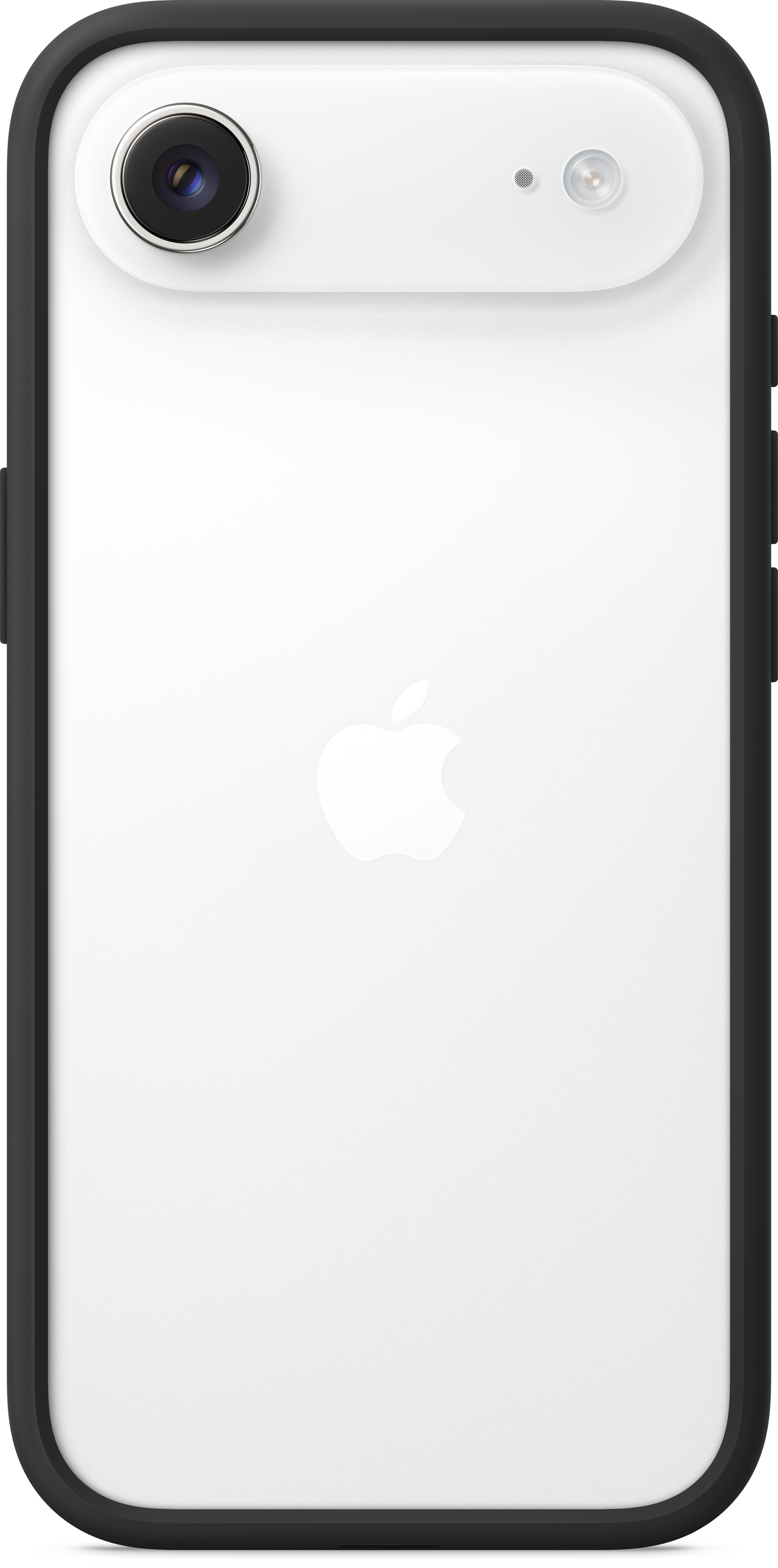 Eine weiße iPhone-Rückseite mit schwarzem Rahmen. Verfügt über Kamera, Blitz und Apple-Logo. Die Rückseite ist sauber und minimalistisch.