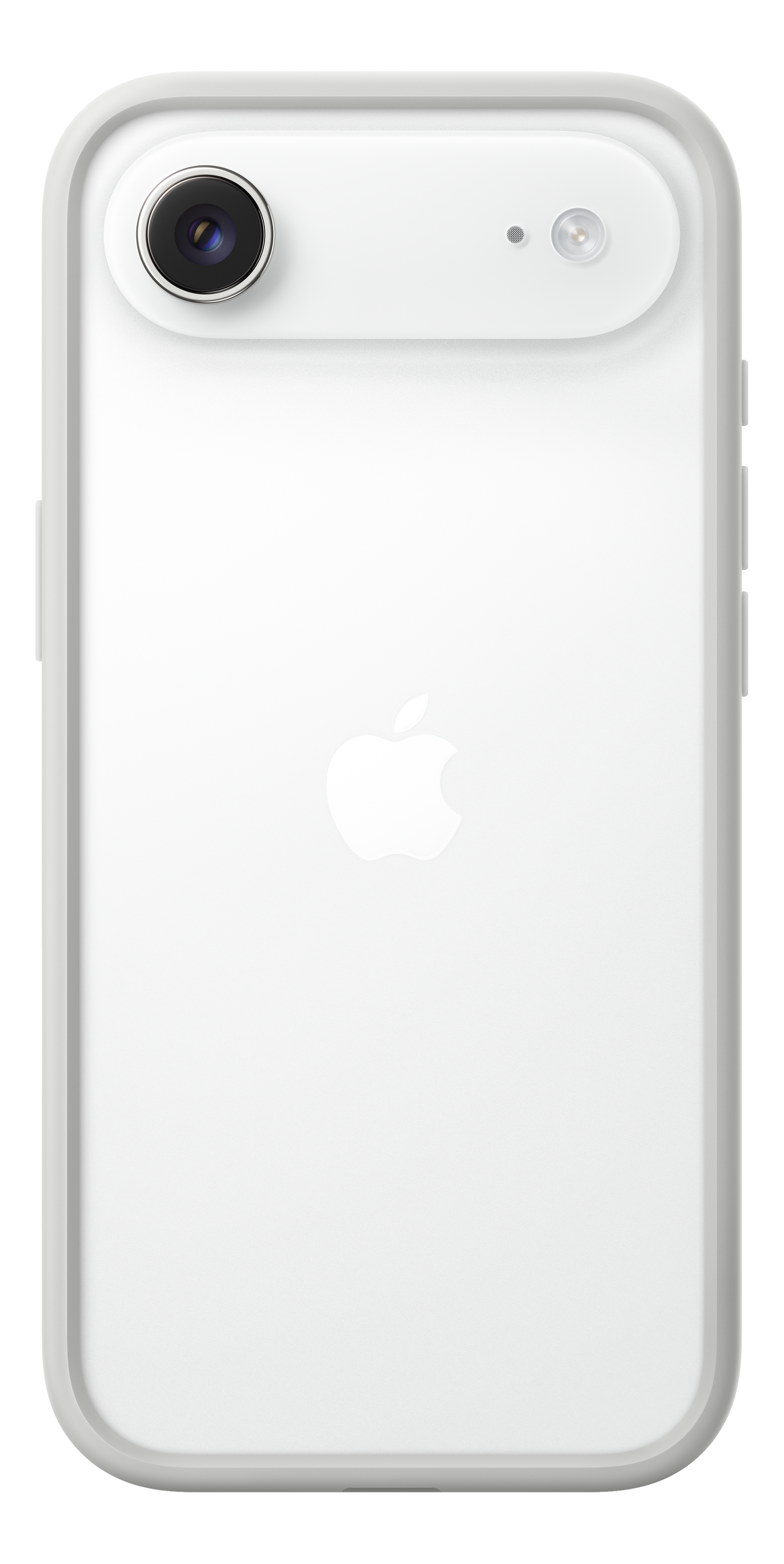 Weißes iPhone-Rückseite. Merkmale Kameramodul und Apple-Logo. Grauer Rahmen umgibt das Telefon. Schwarzer Hintergrund.