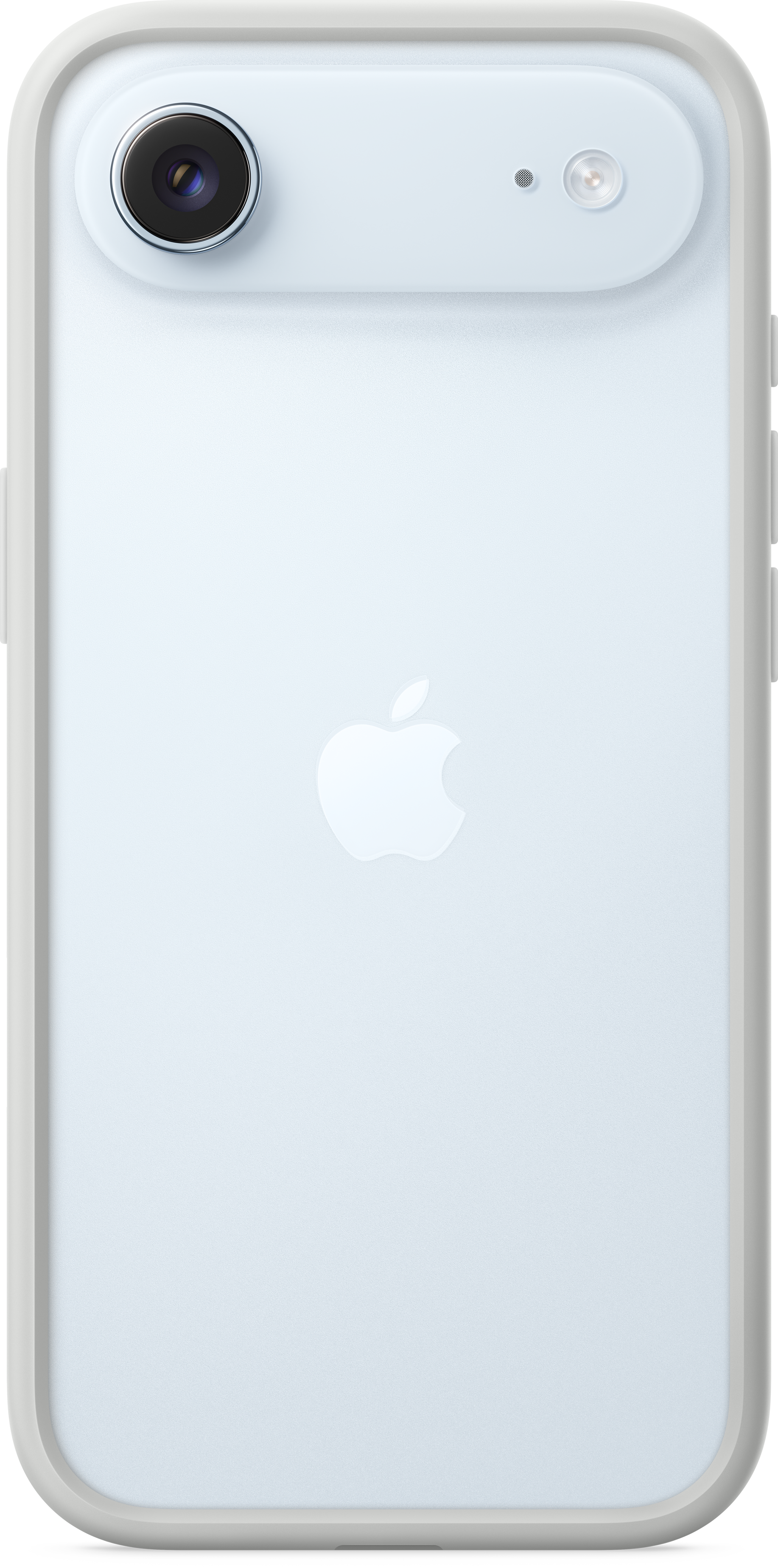 Ein hellblaues iPhone mit weißem Rahmen, Apple-Logo und zwei Kameralinsen oben.