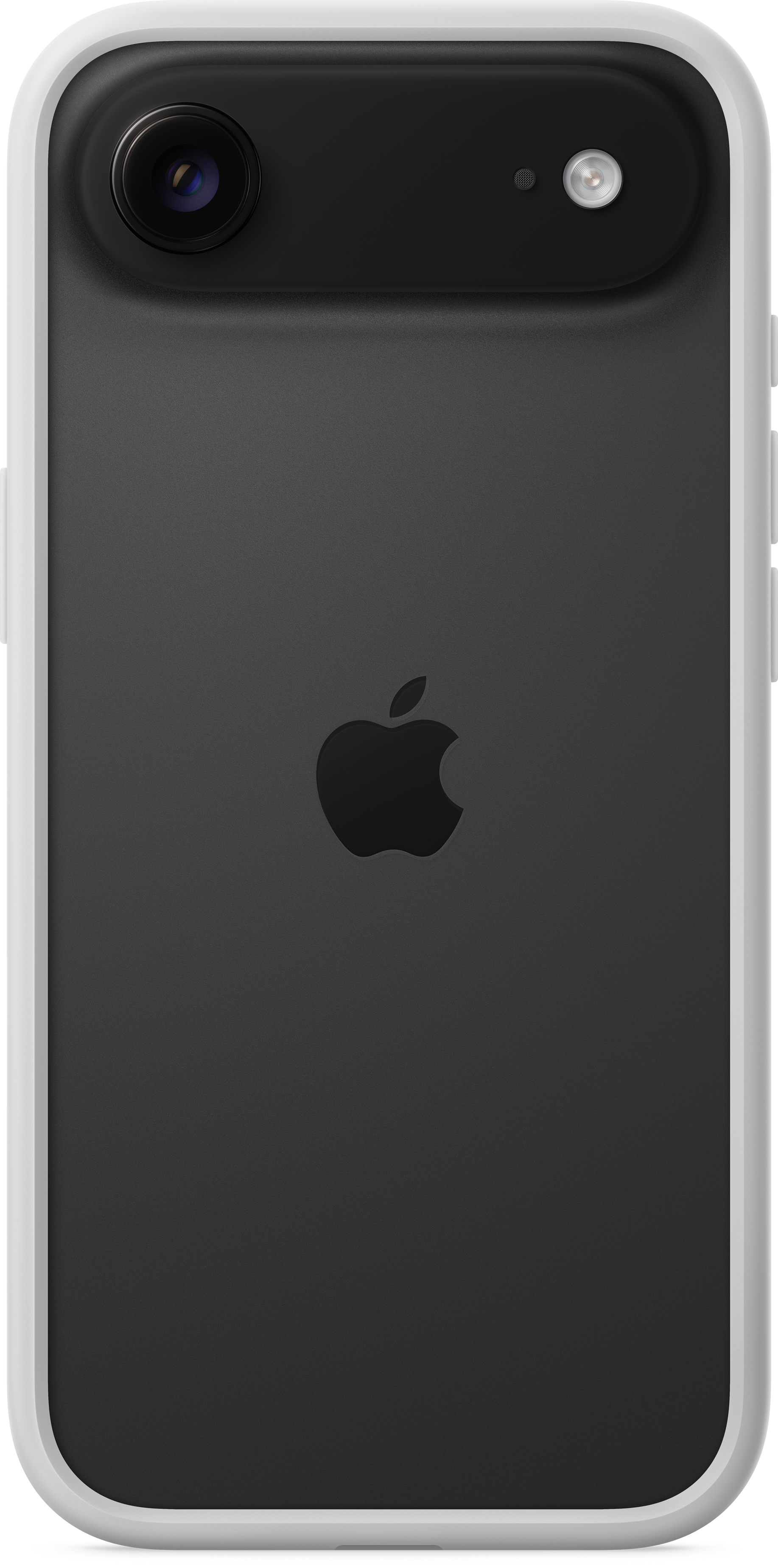 Schwarze iPhone-Rückseite mit weißem Rahmen. Apple-Logo sichtbar. Kamera und Blitz oben. Das Telefon befindet sich in einer Hülle.