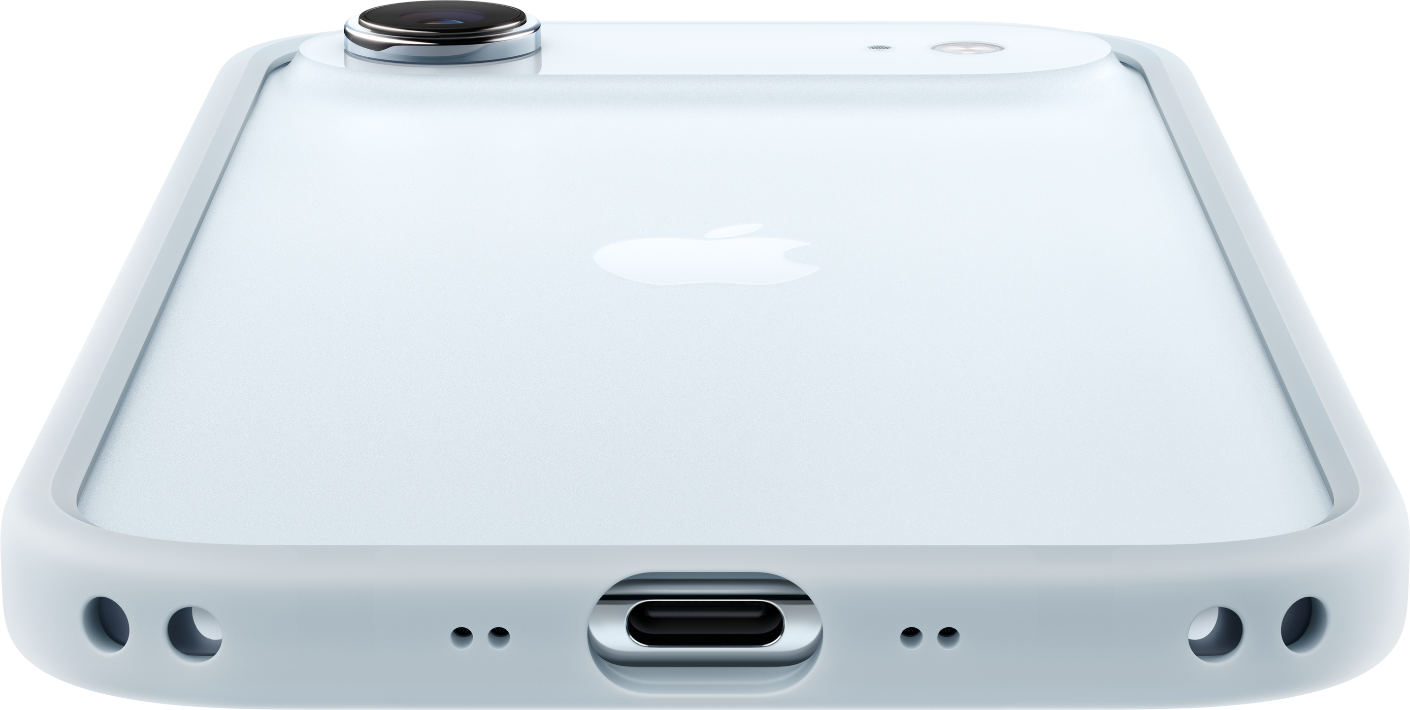 Ein hellblaues Smartphone wird von unten gezeigt. Es hat einen Ladeanschluss, Lautsprecherlöcher und eine Kamera oben. Ein Apple-Logo ist sichtbar.