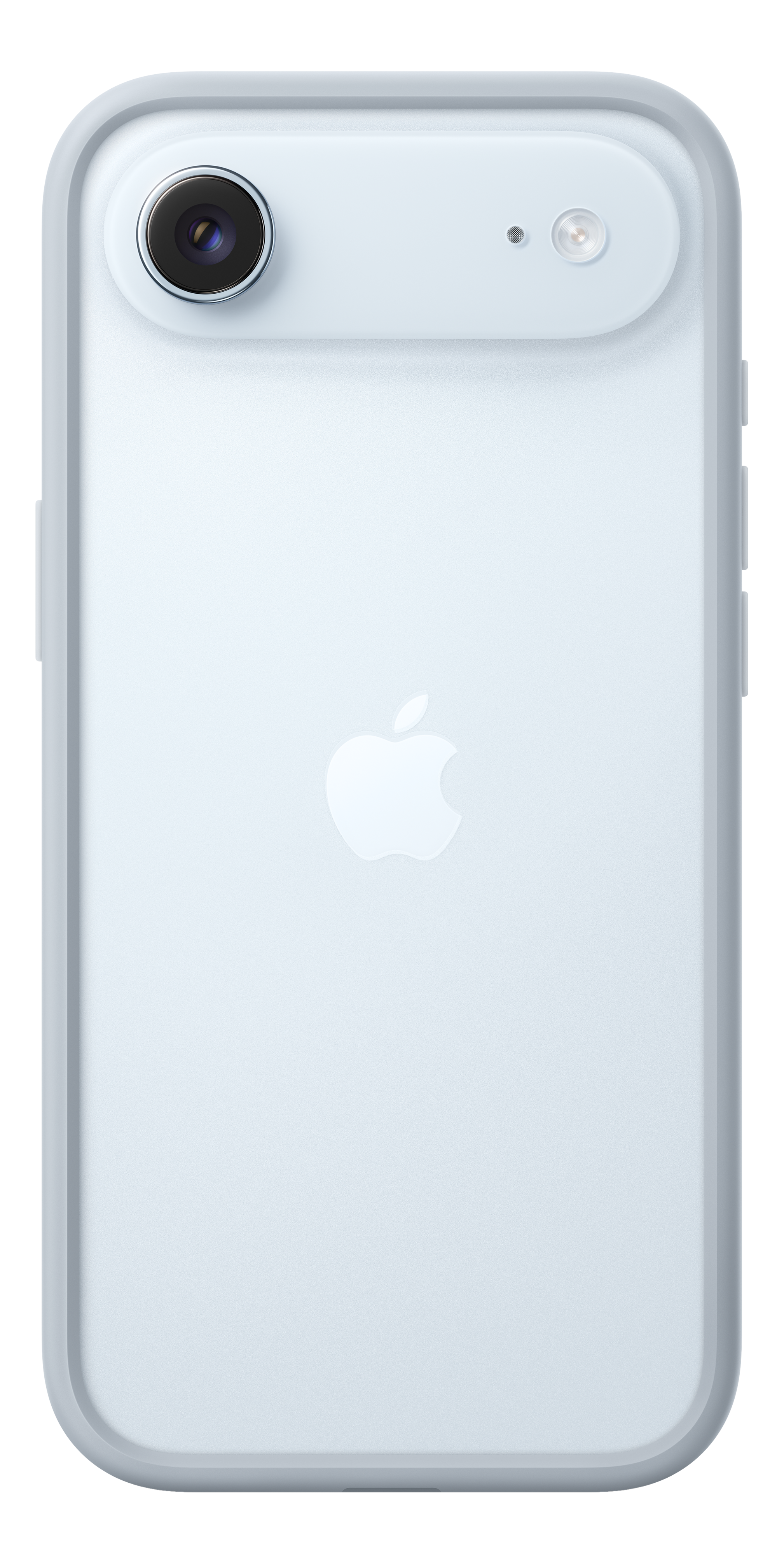 L'arrière d'un iPhone bleu clair. Il possède un appareil photo, un flash et le logo Apple. Le téléphone est sur fond noir.