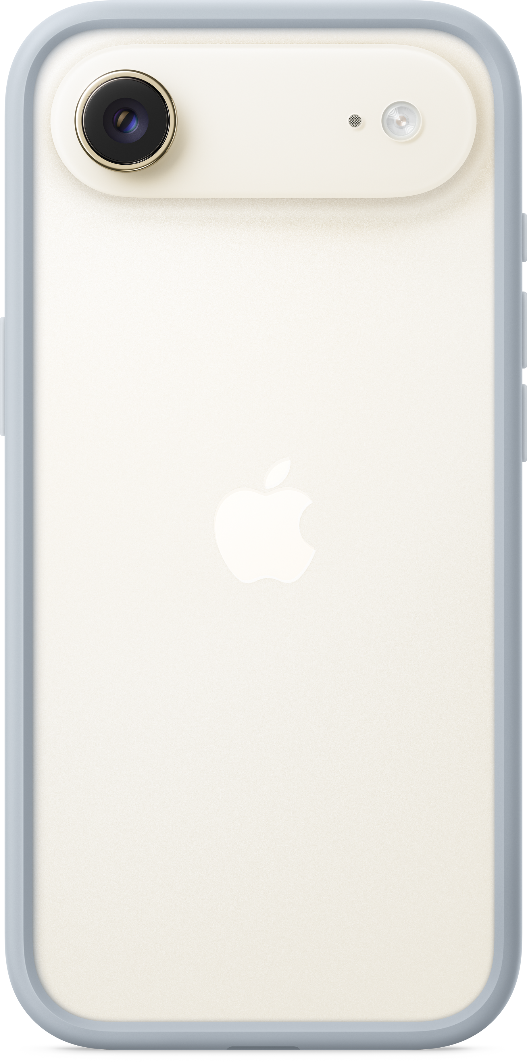 Un iPhone blanc avec un étui bleu clair. L'arrière a un appareil photo, un flash et le logo Apple. L'objectif est noir.