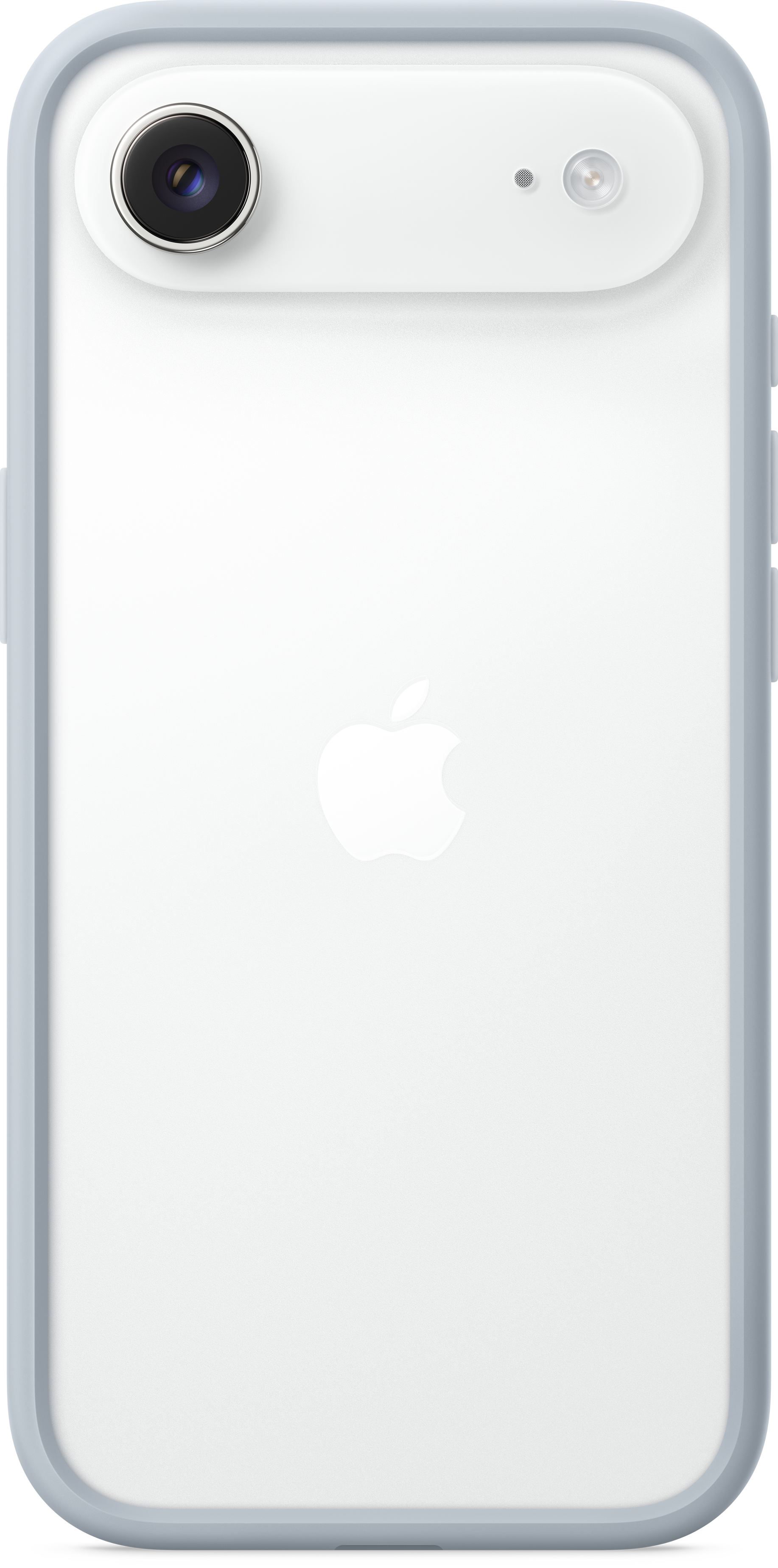 Dos d'iPhone blanc avec caméra, flash et logo Apple. Une bordure bleu clair encadre le téléphone.
