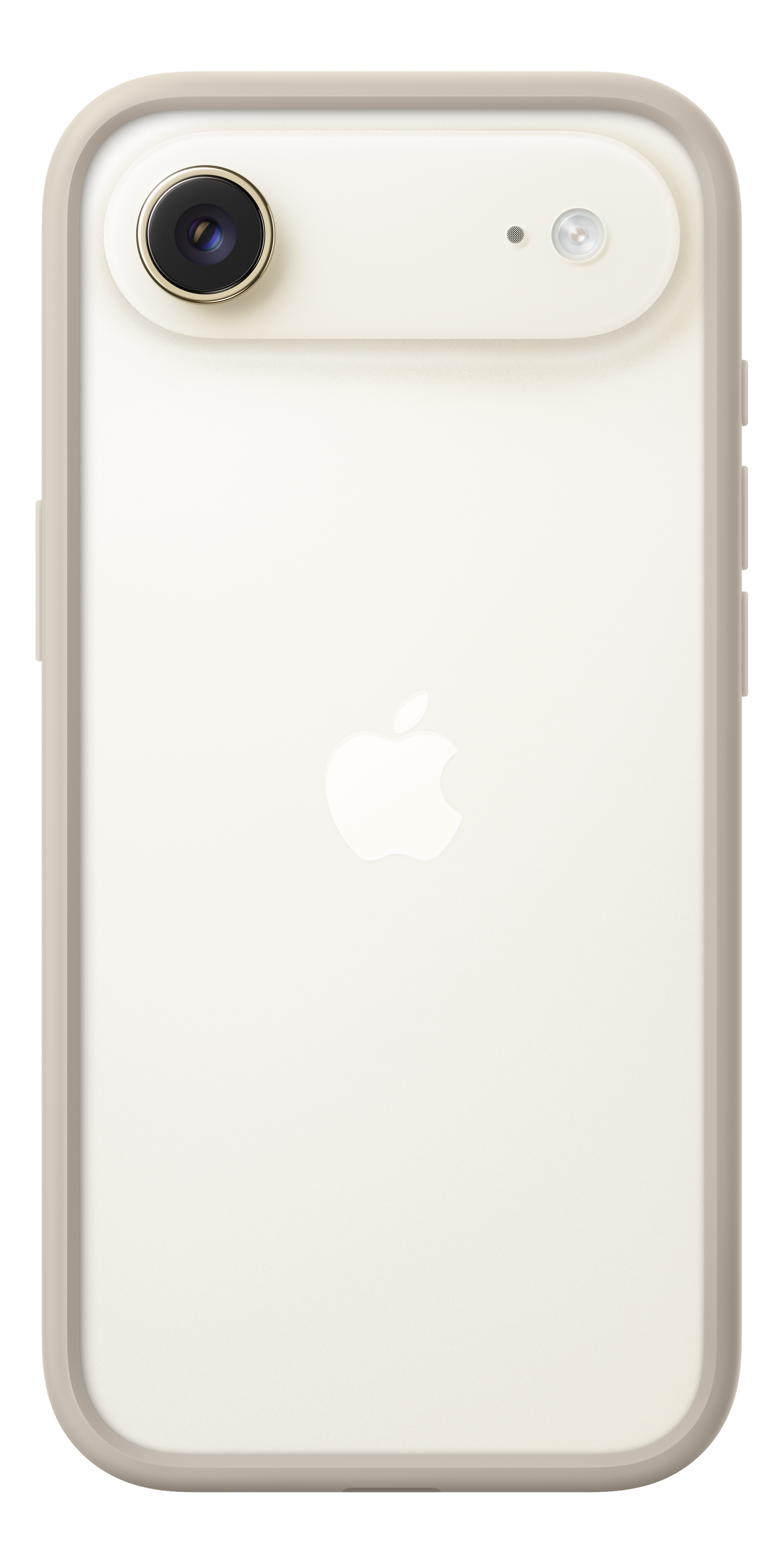 Rückseite eines cremefarbenen iPhones. Merkmale: Kamera, Apple-Logo und abgerundete Kanten.