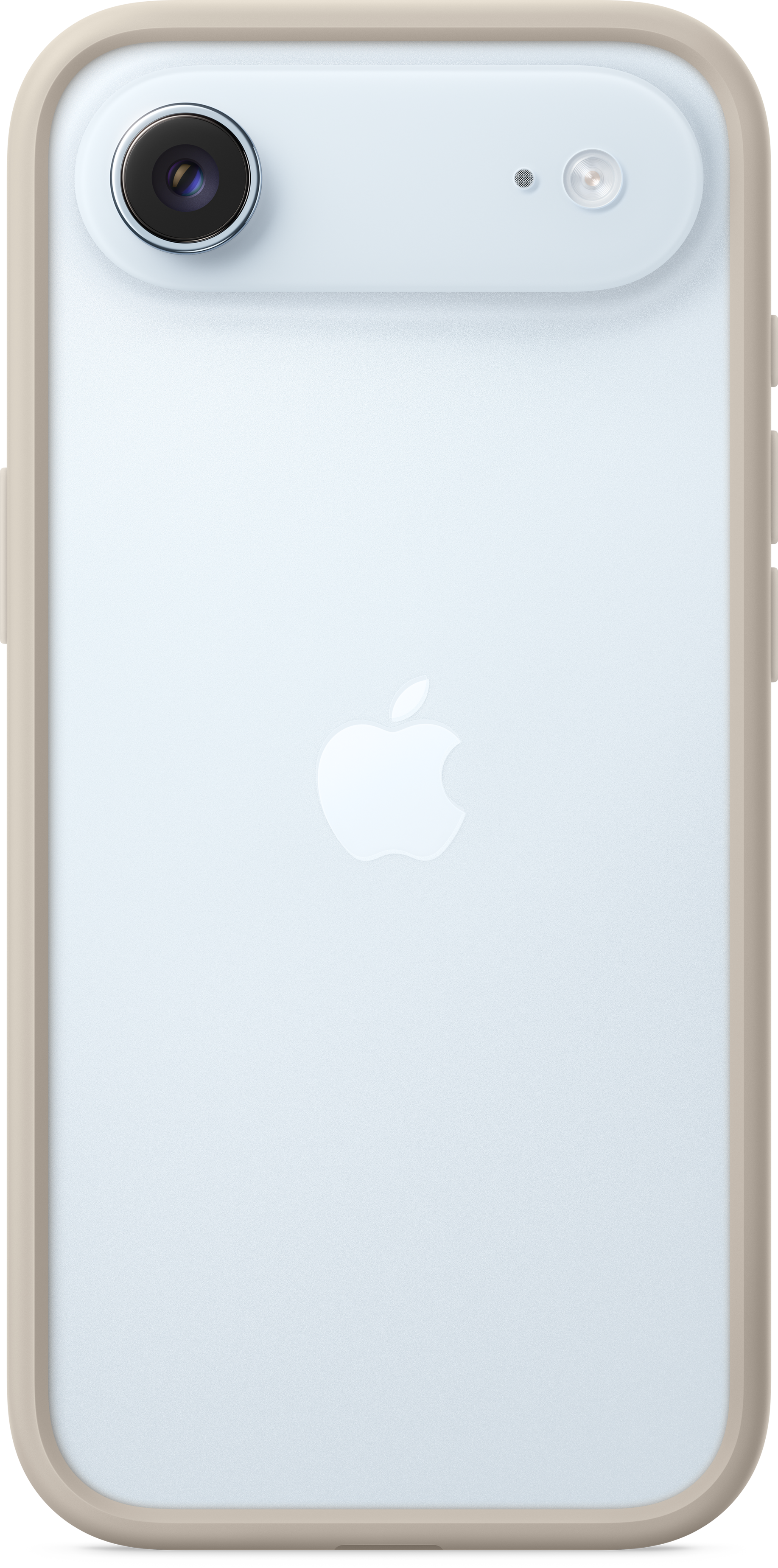 Ein hellblaues Telefon mit beigem Gehäuse. Es hat eine Kamera, einen Blitz und ein Apple-Logo. Das Gehäuse hat abgerundete Ecken.