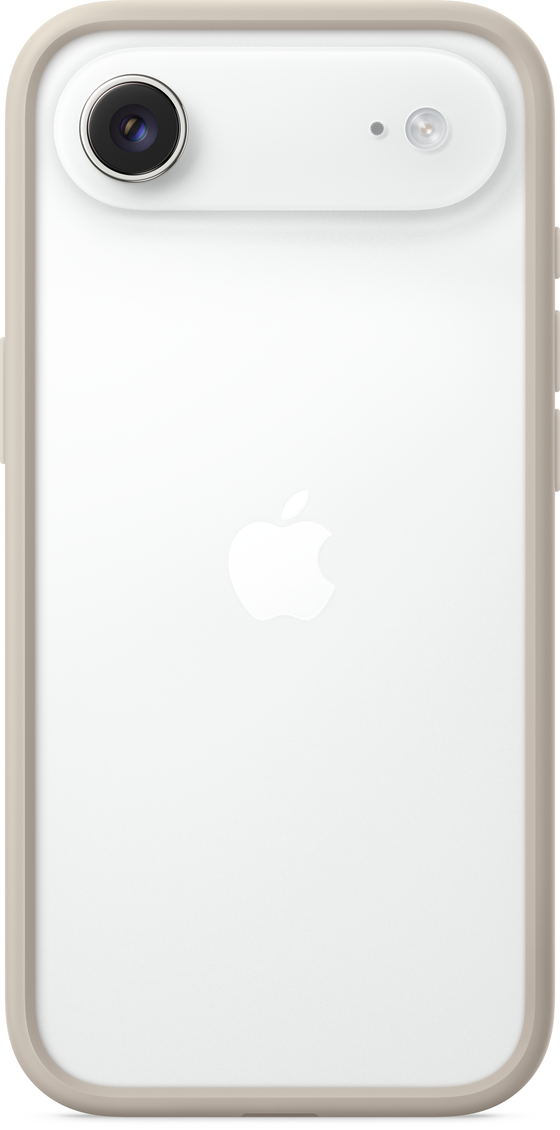 Ein weißes iPhone, umhüllt von einer beigefarbenen Hülle. Die Rückseite zeigt das Apple-Logo. Oben befinden sich Kamera und Blitz.