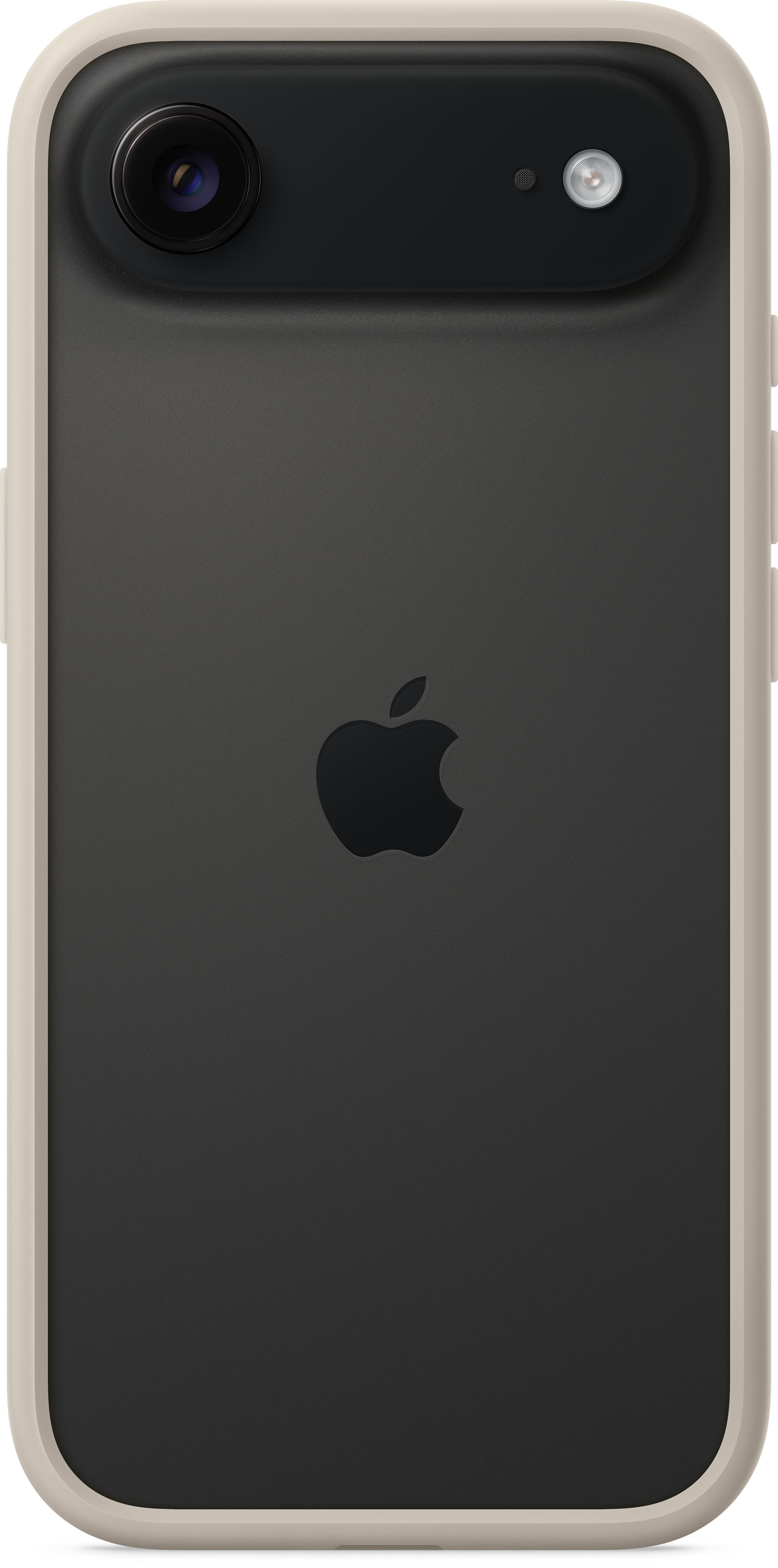 Rückseite eines Smartphones. Es ist dunkelgrau mit einem schwarzen Kamerabereich und einem hellgrauen Rahmen. Apple-Logo sichtbar.