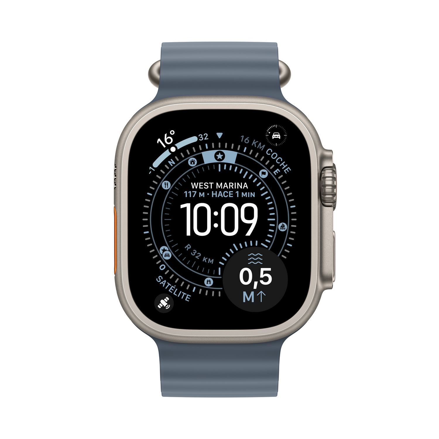 Primer plano de un reloj inteligente con correa azul. La pantalla muestra hora, temperatura y otros datos, con fondo blanco.
